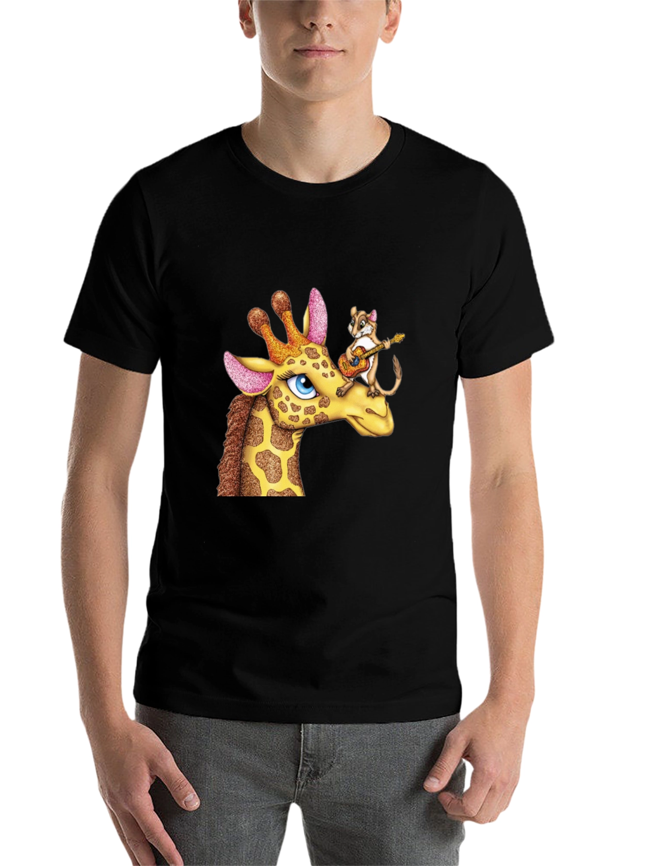 Black Giraffe & Squirrel Cartoon Graphic Black T-Shirt view 7