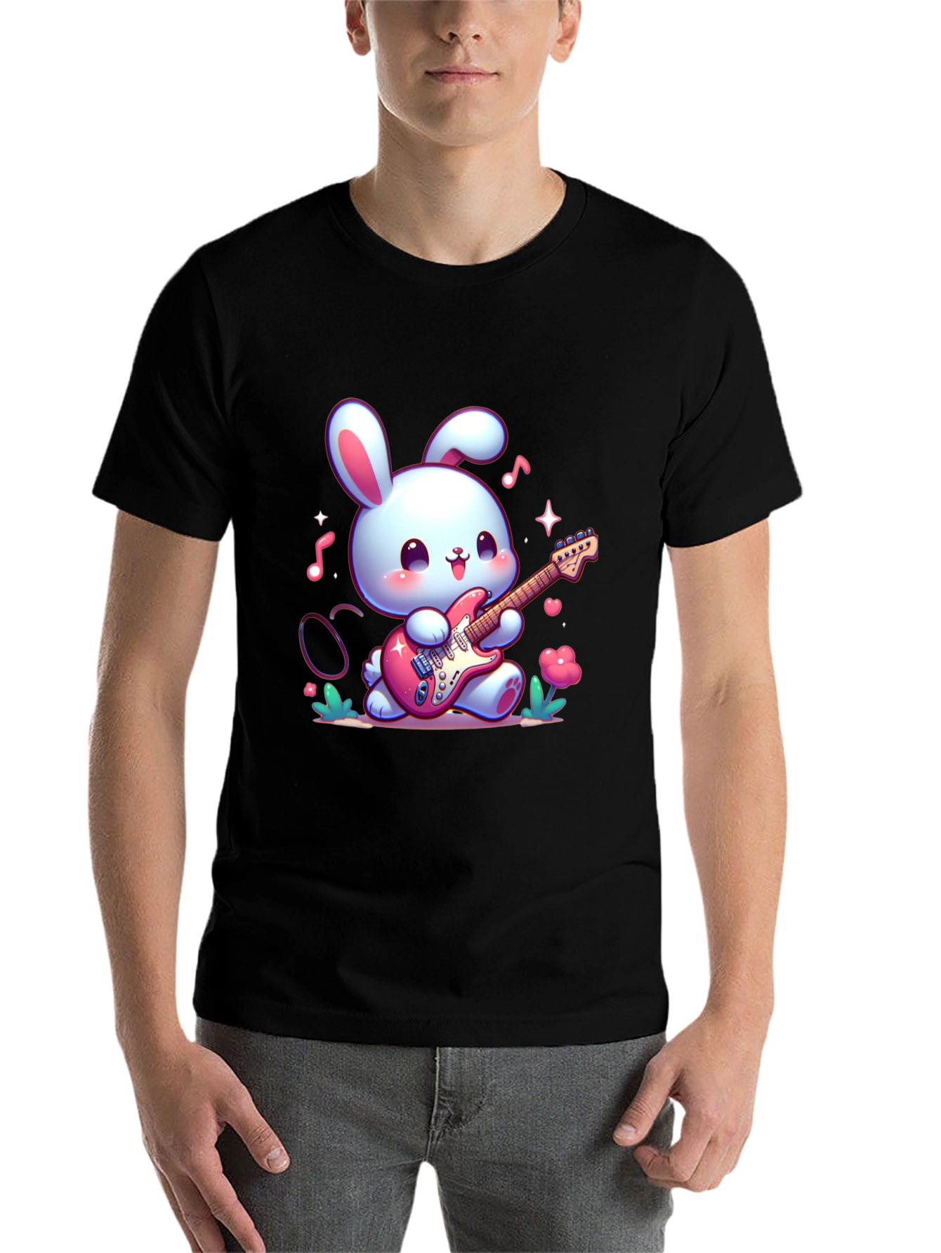Black Cute Bunny Guitarist Black T-Shirt view 7