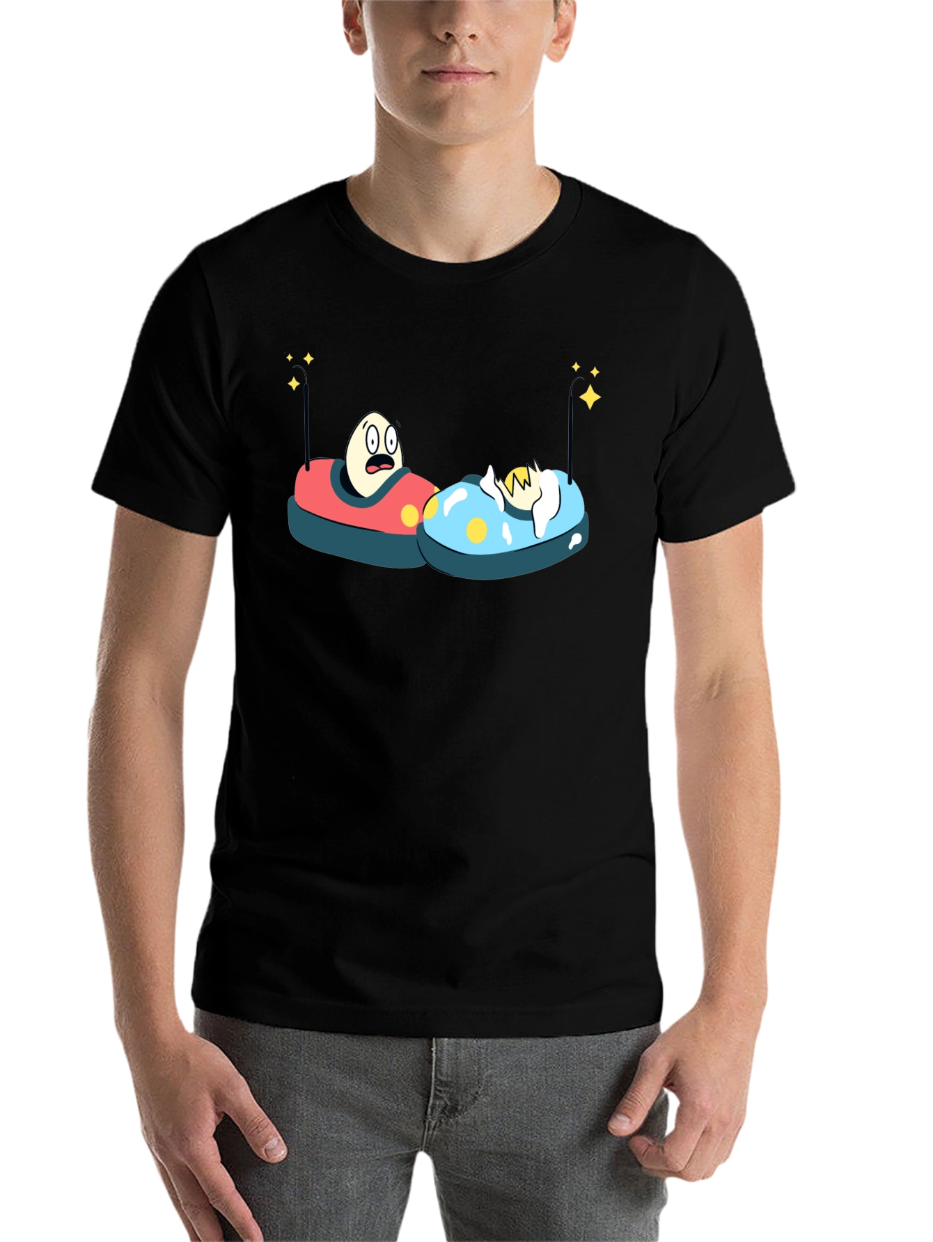 Black Bumper Car Eggs T-Shirt - Fun Cartoon Graphic Tee view 7