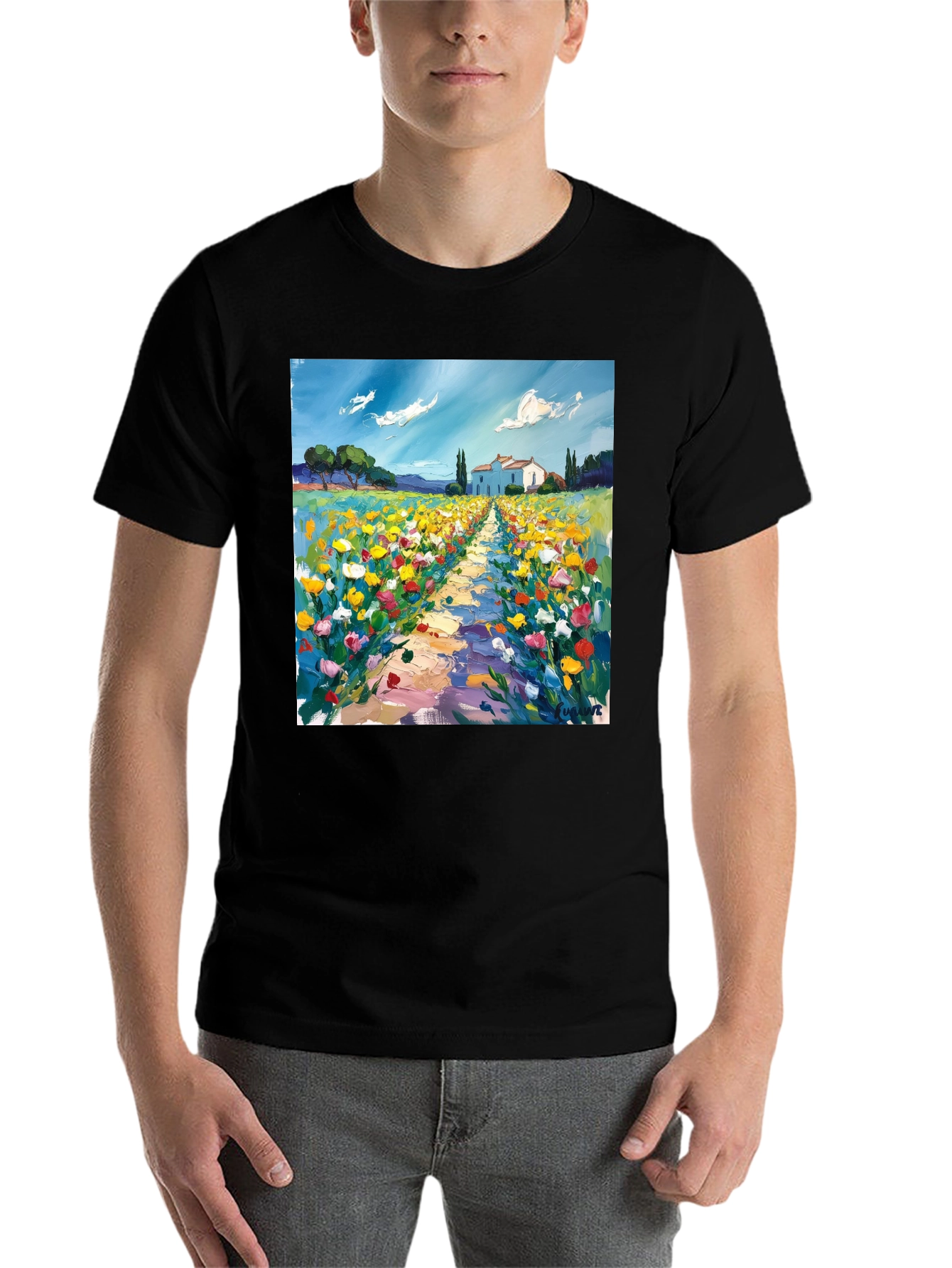 Black Artistic Landscape Print T-Shirt view 7
