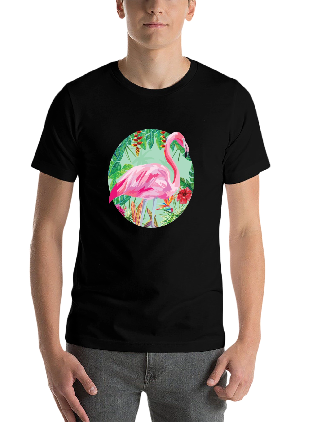 Black Tropical Flamingo Graphic Tee - Stylish Men's T-Shirt view 7