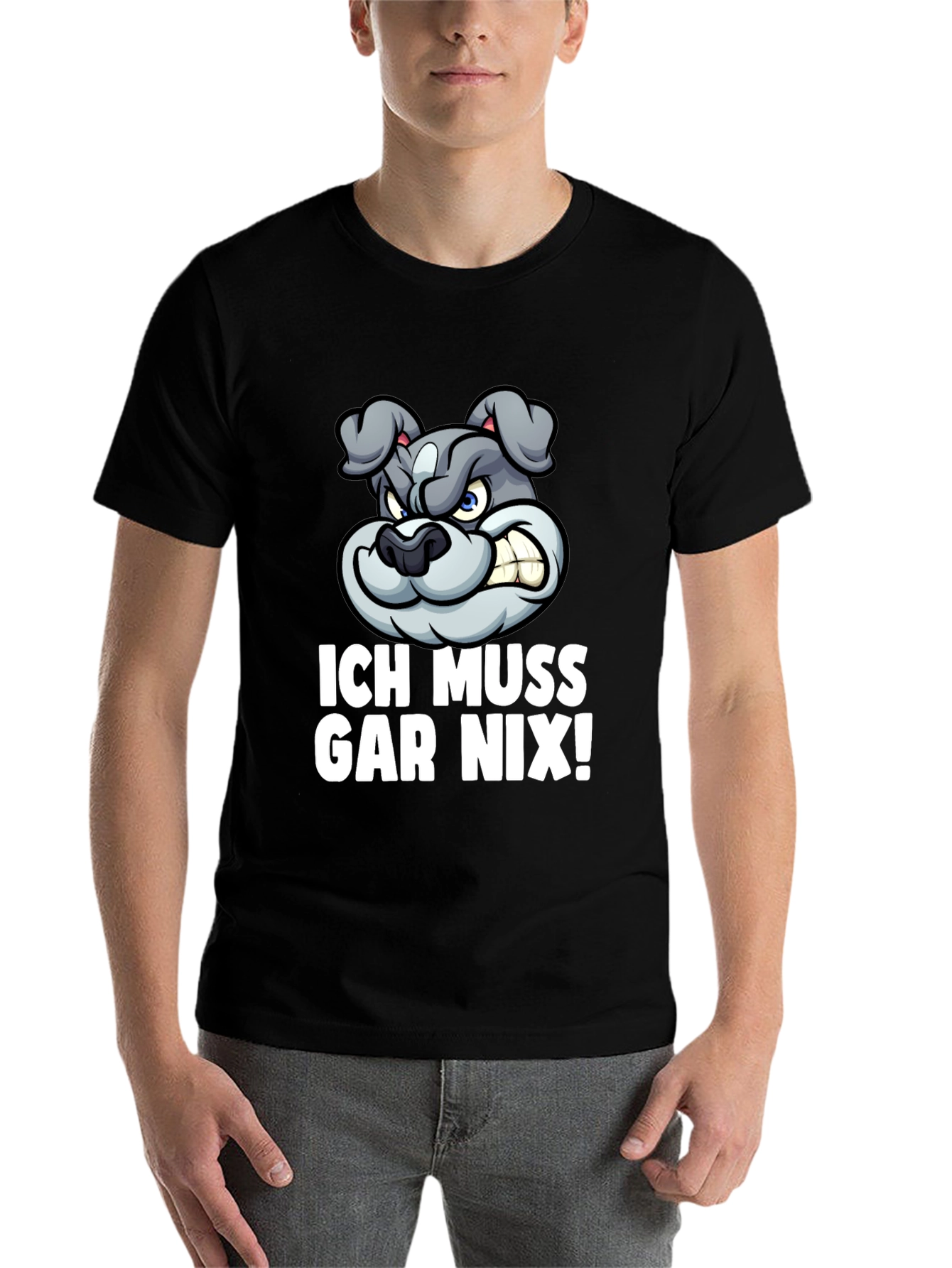Black Funny Bulldog Graphic Tee - "Ich Muss Gar Nix!" T-Shirt view 7