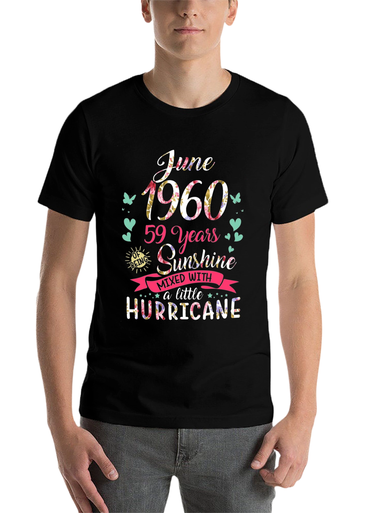 Black June 1960 Birthday T-Shirt - Sunshine & Hurricane view 7