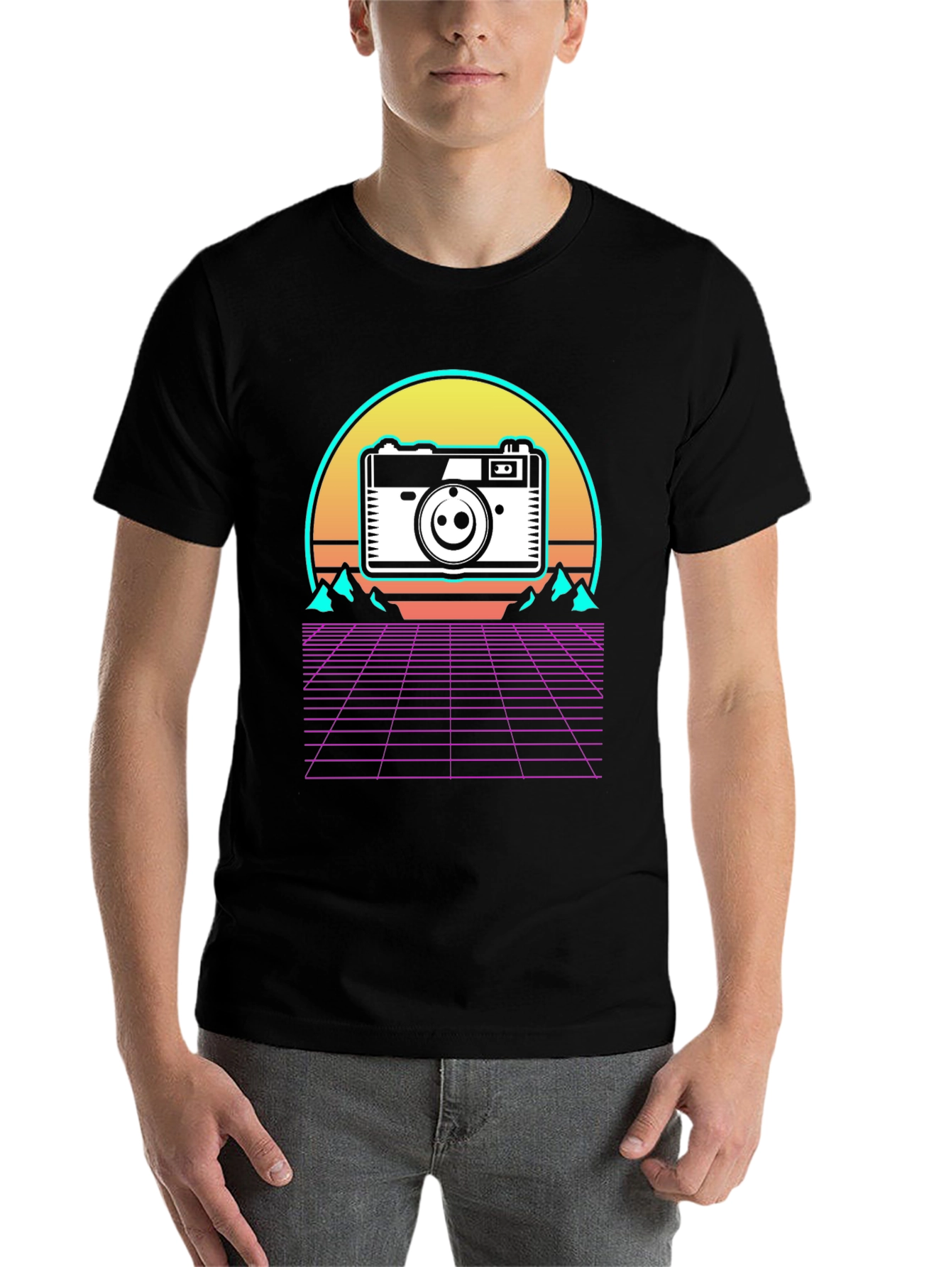 Black Retro Camera Grid T-Shirt view 7