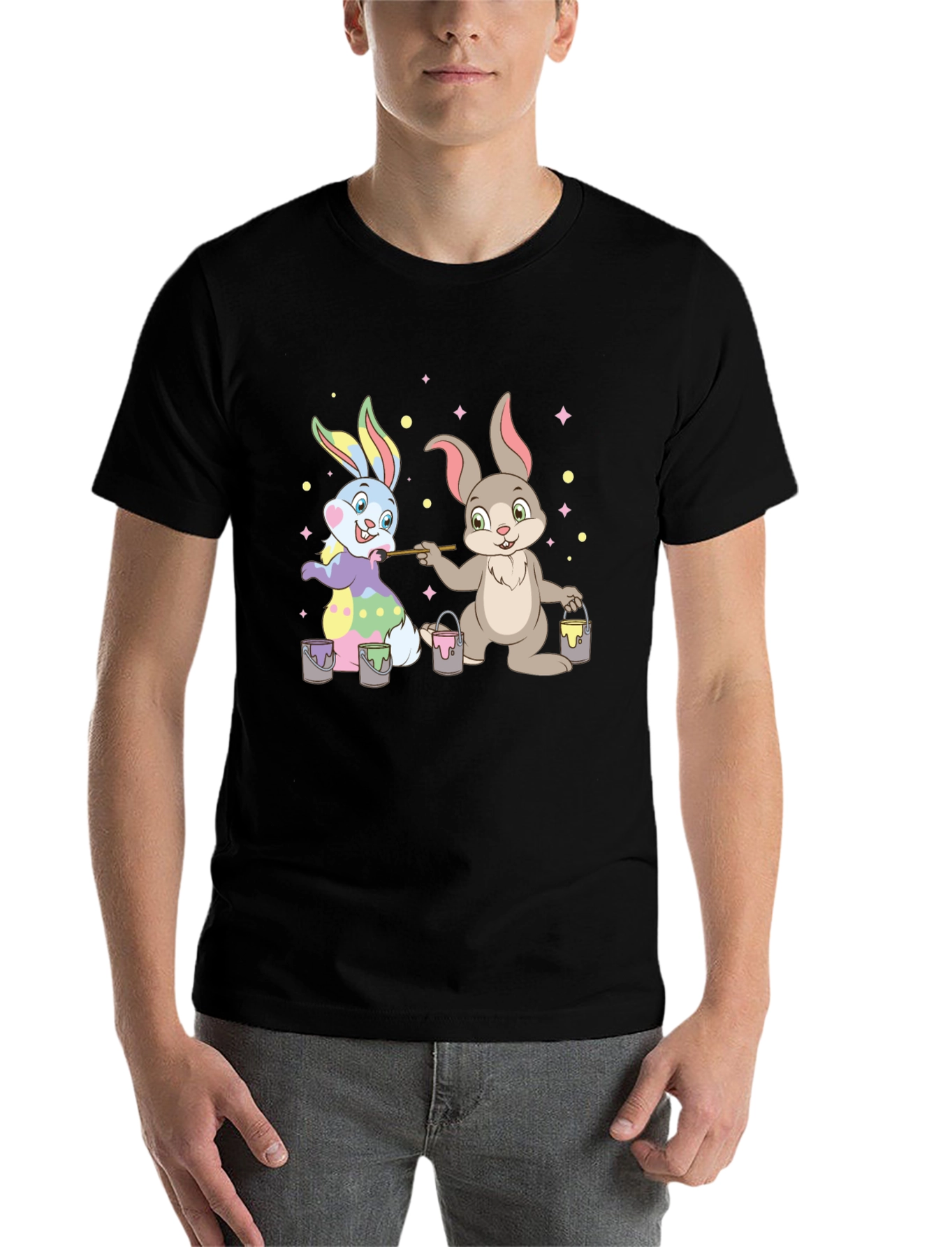 Black Easter Bunnies Painting T-Shirt - Fun Holiday Tee view 7