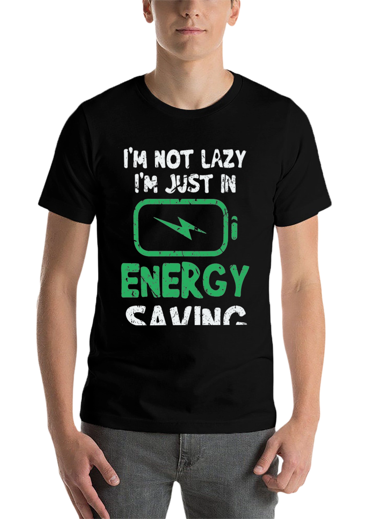 Black Funny "Energy Saving" Graphic T-Shirt view 7