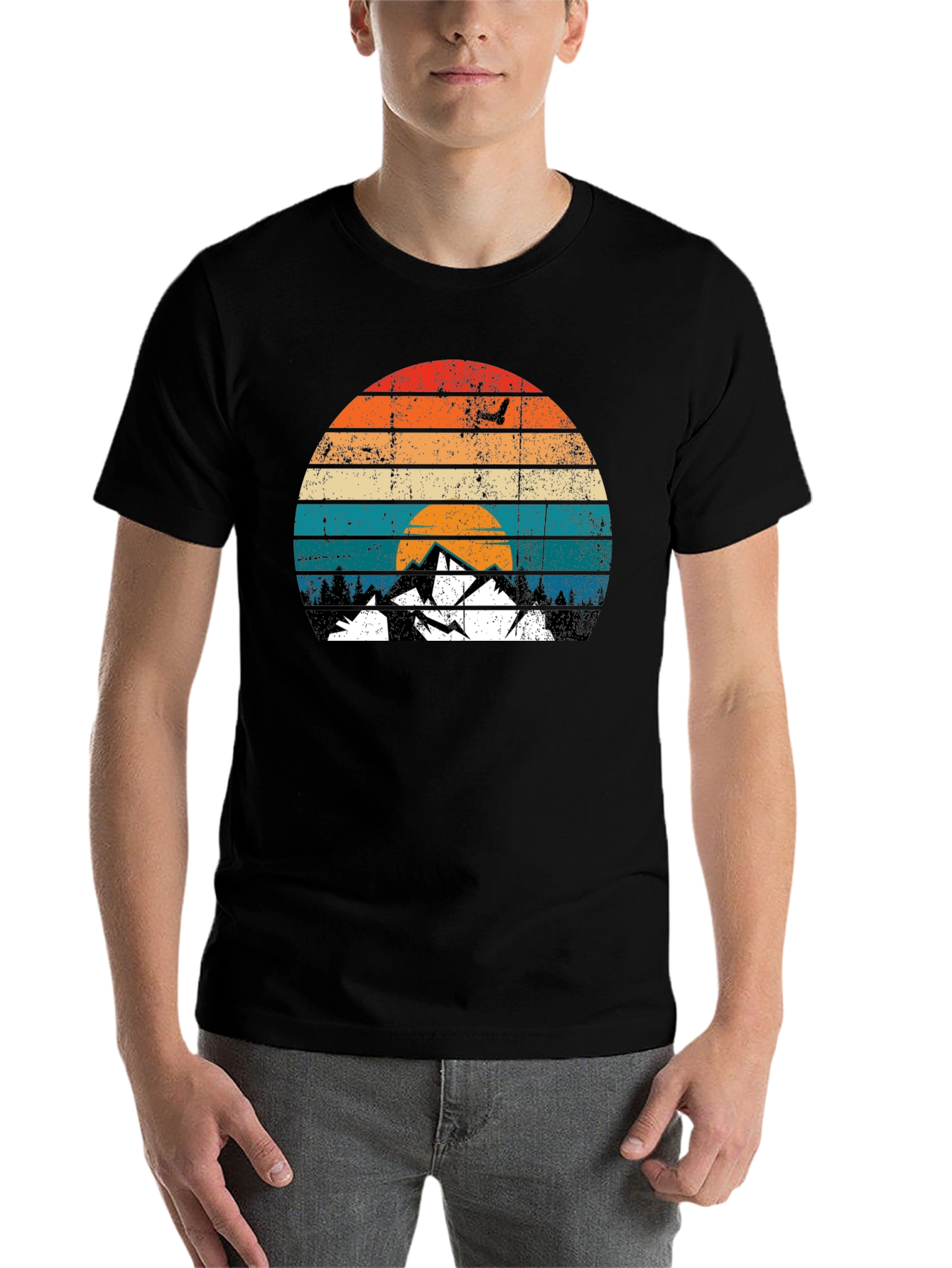 Black Retro Mountain Sunset Graphic T-Shirt view 7