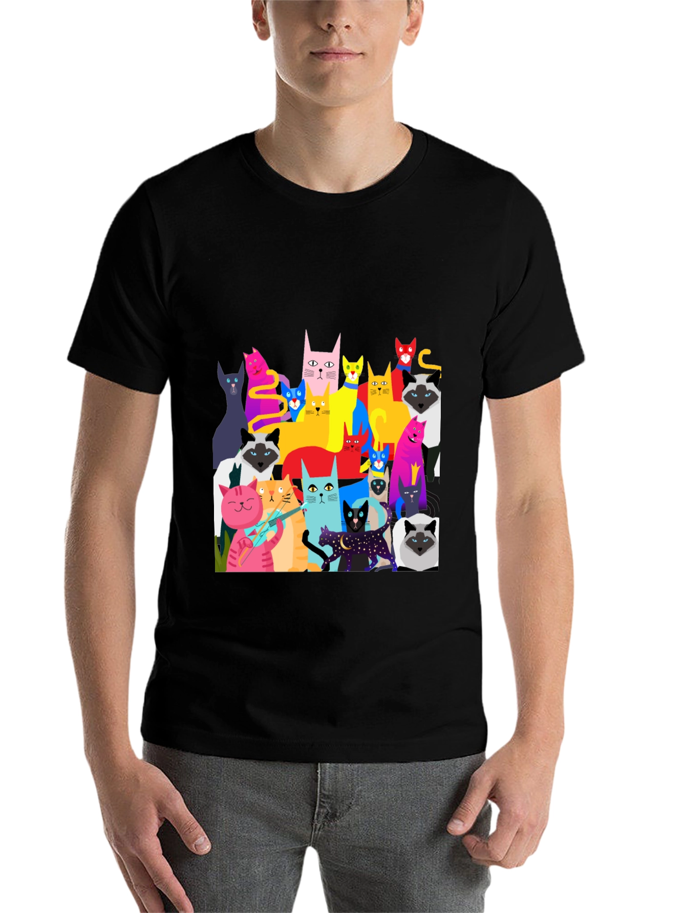 Black Colorful Cat Graphic Tee - Unique Fun Design view 7