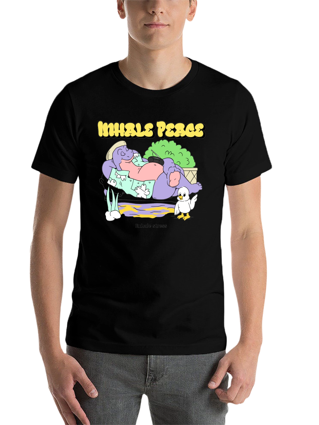 Black Inhale Peace Exhale Stress Black Graphic T-Shirt view 7