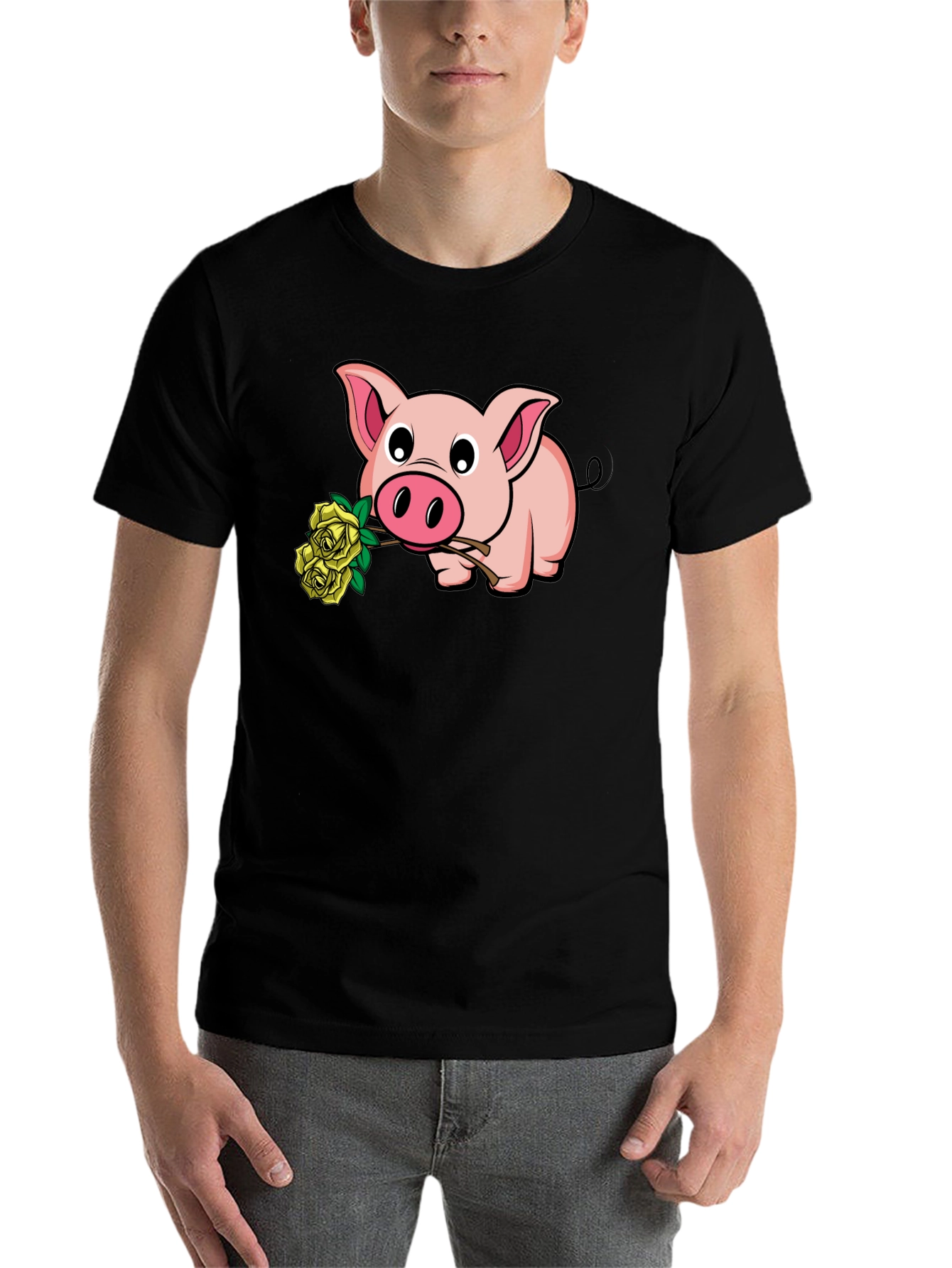 Black Pig Holding Yellow Roses Graphic T-Shirt view 7
