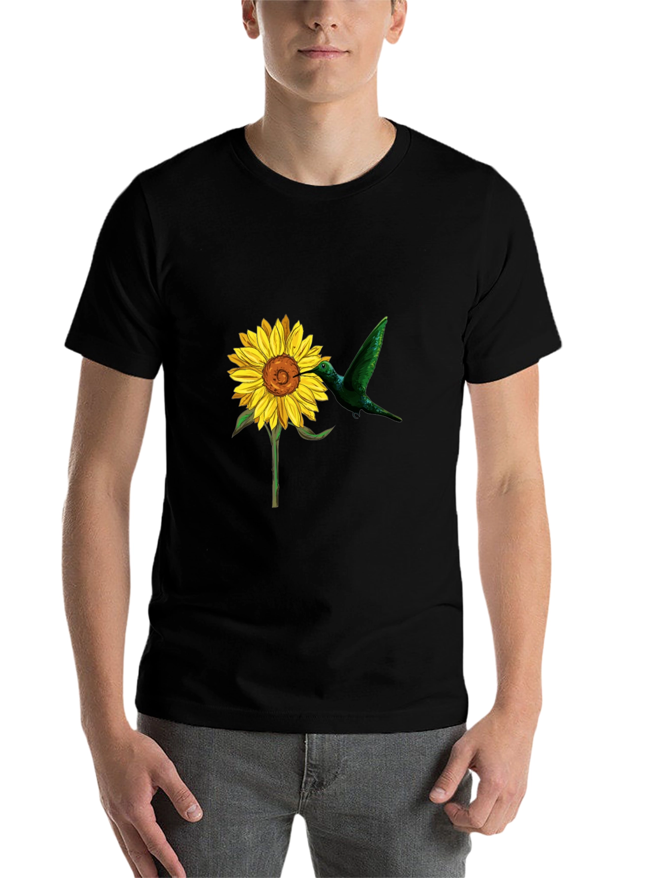 Black Hummingbird & Sunflower Graphic Black T-Shirt view 7