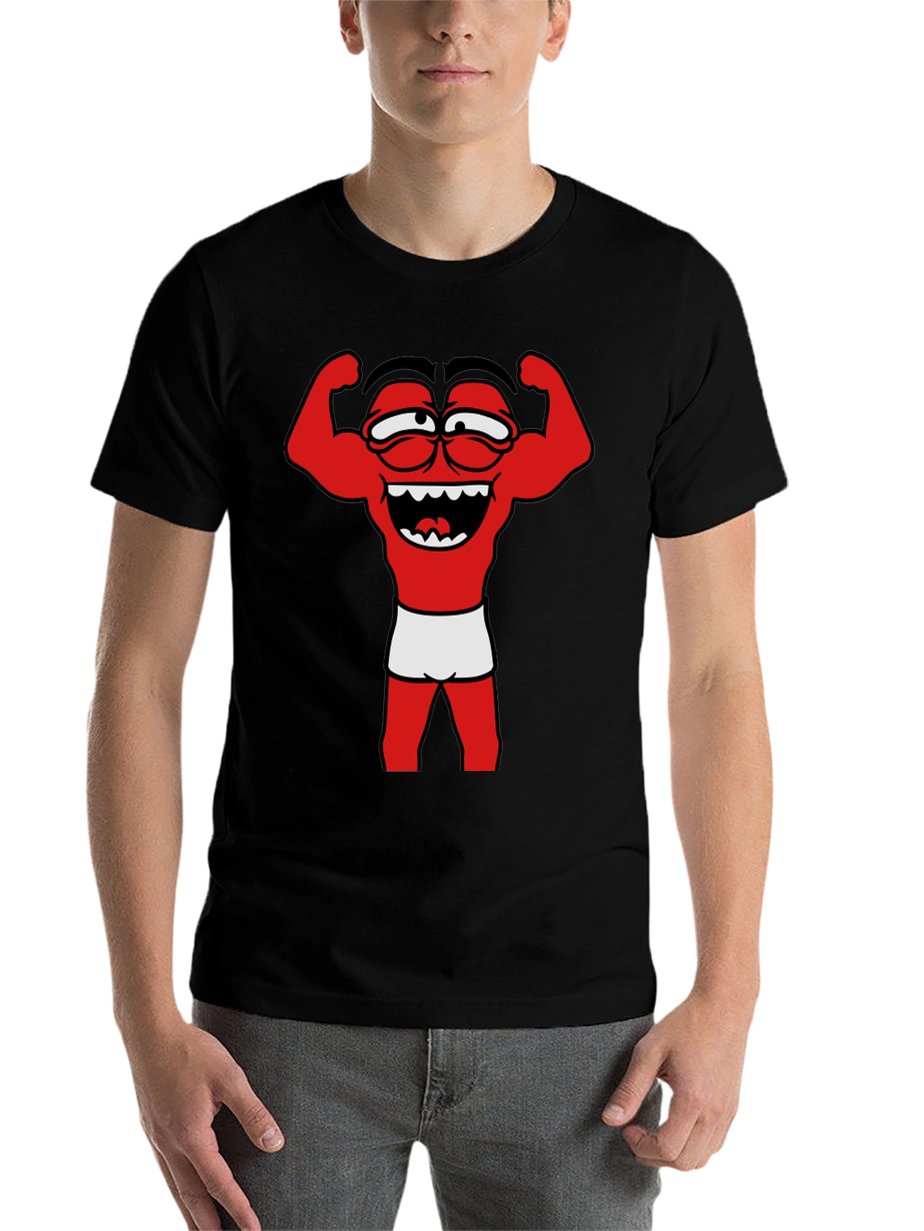 Black Funny Muscle Man Cartoon Graphic Tee - Black view 7