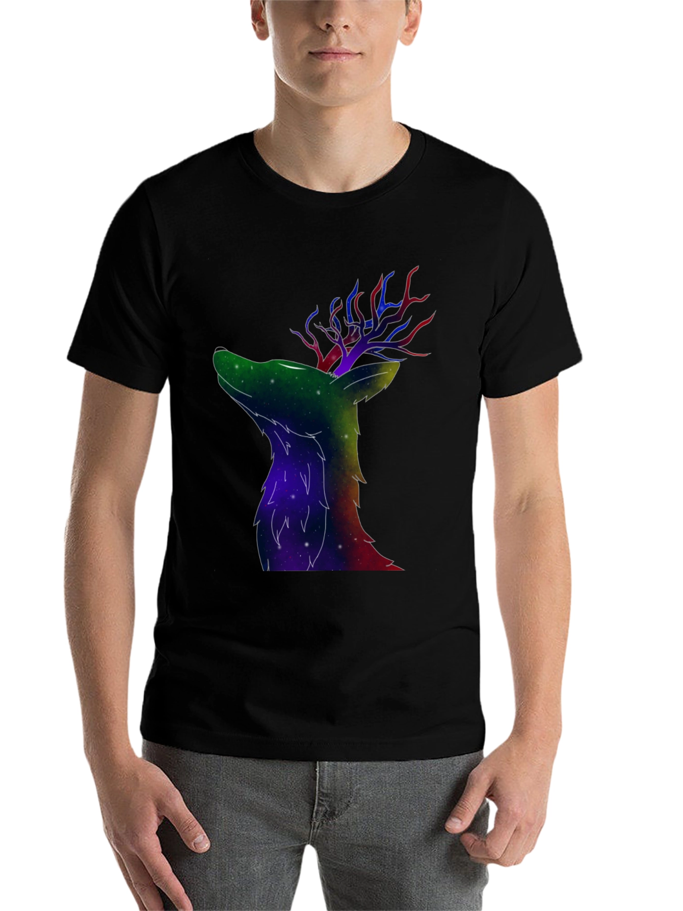 Black Galaxy Deer Graphic T-Shirt view 7