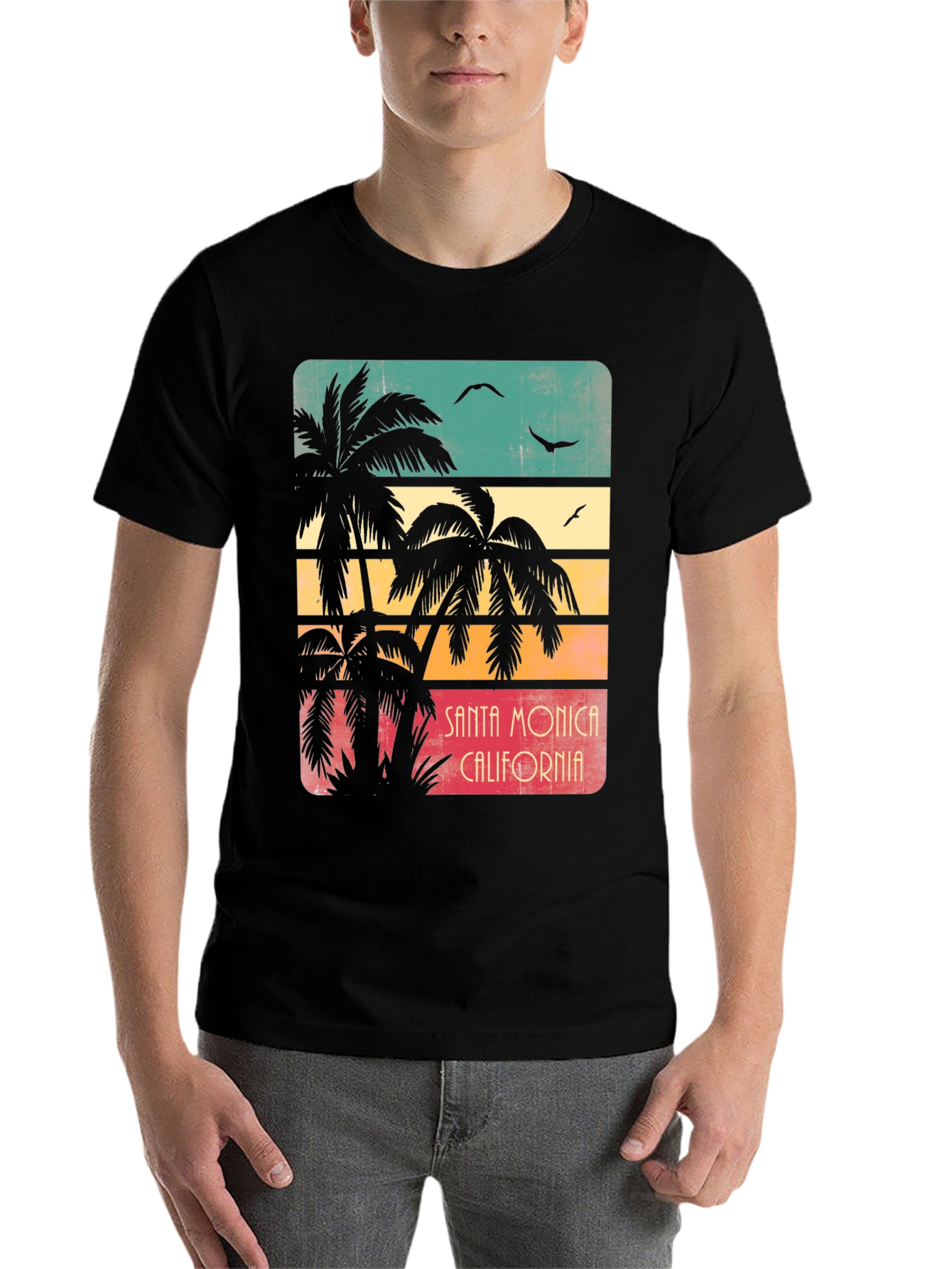 Black Santa Monica Palm Tree Retro Graphic T-Shirt view 7