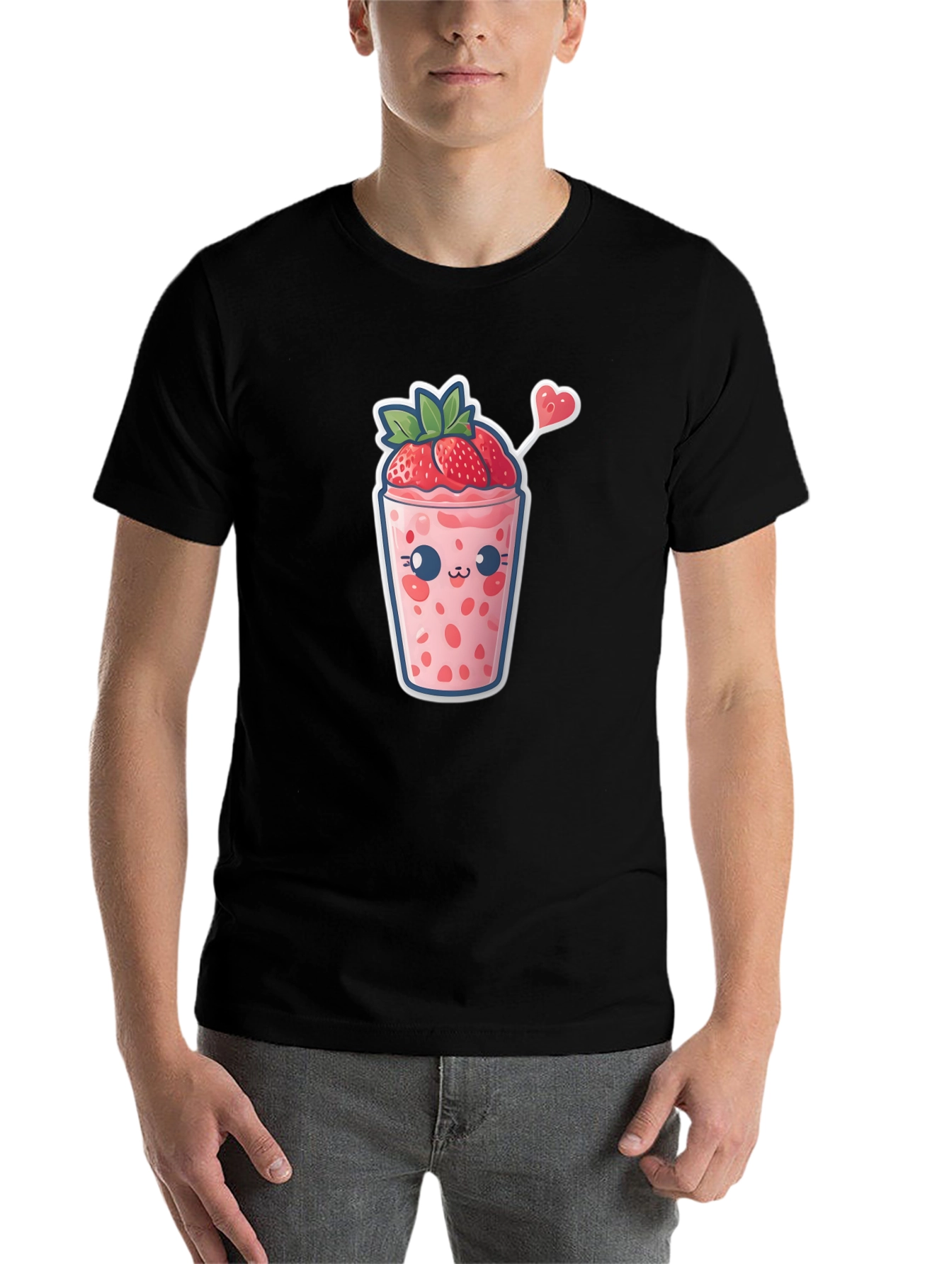 Black Kawaii Strawberry Smoothie T-Shirt view 7
