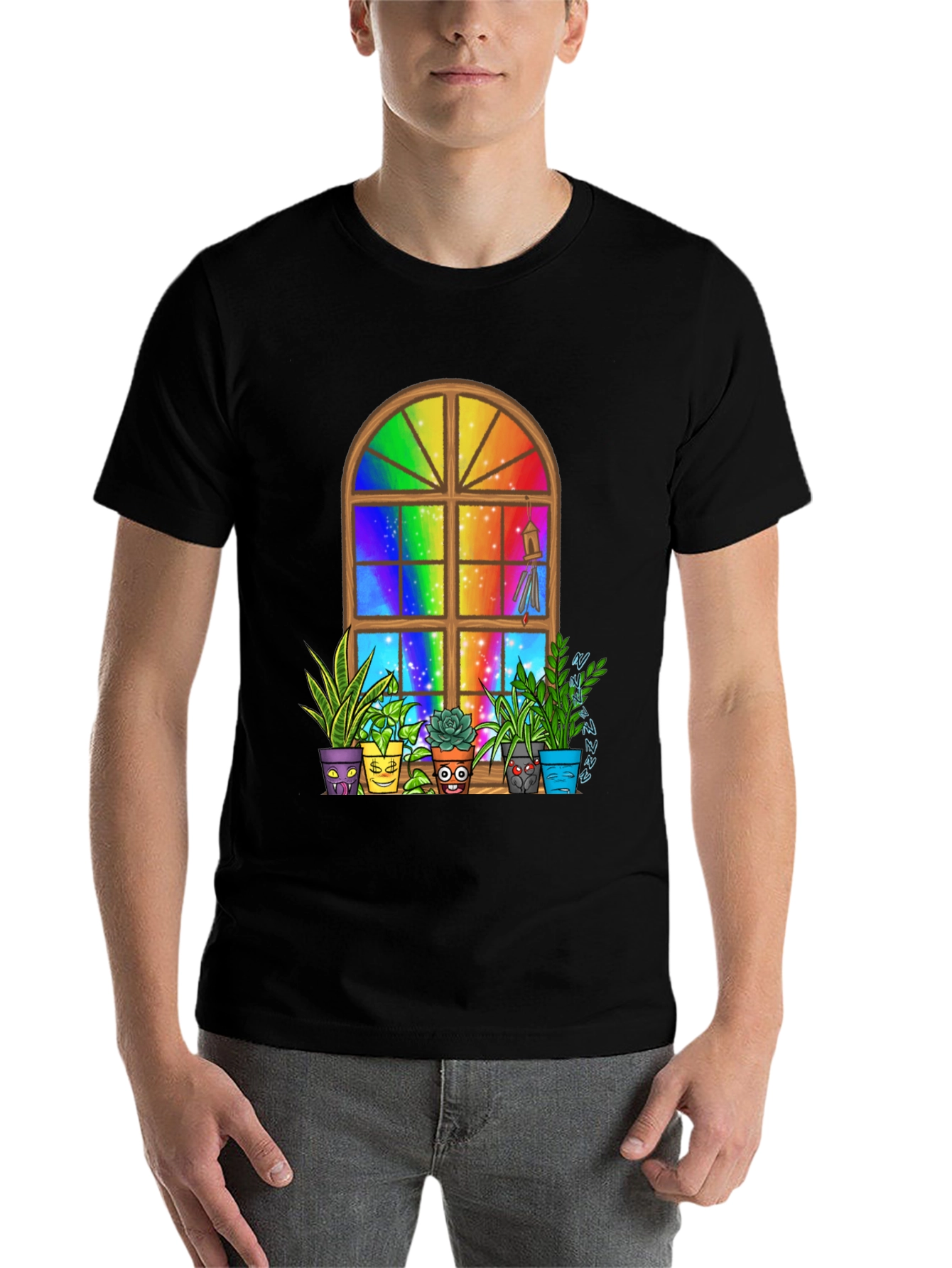 Black Rainbow Window Potted Plants Graphic Tee view 7