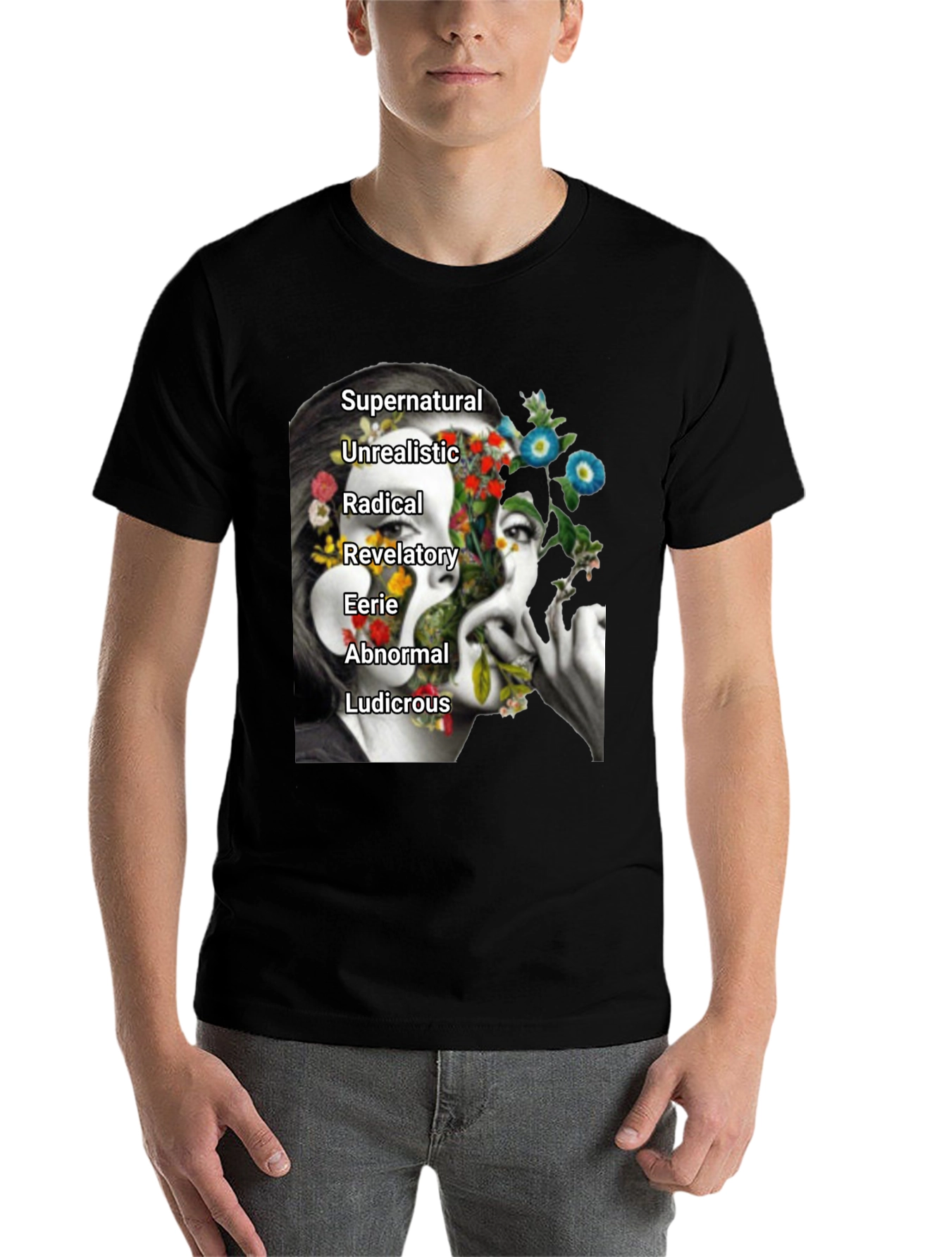 Black Surreal Floral Woman's Face Graphic Tee view 7