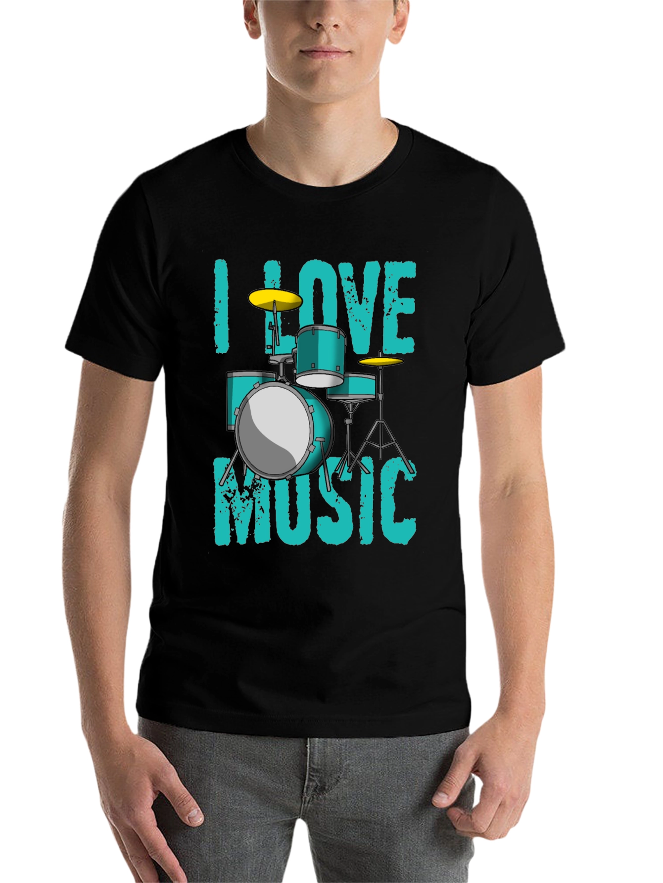 Black I Love Music Drum Set Graphic T-Shirt view 7