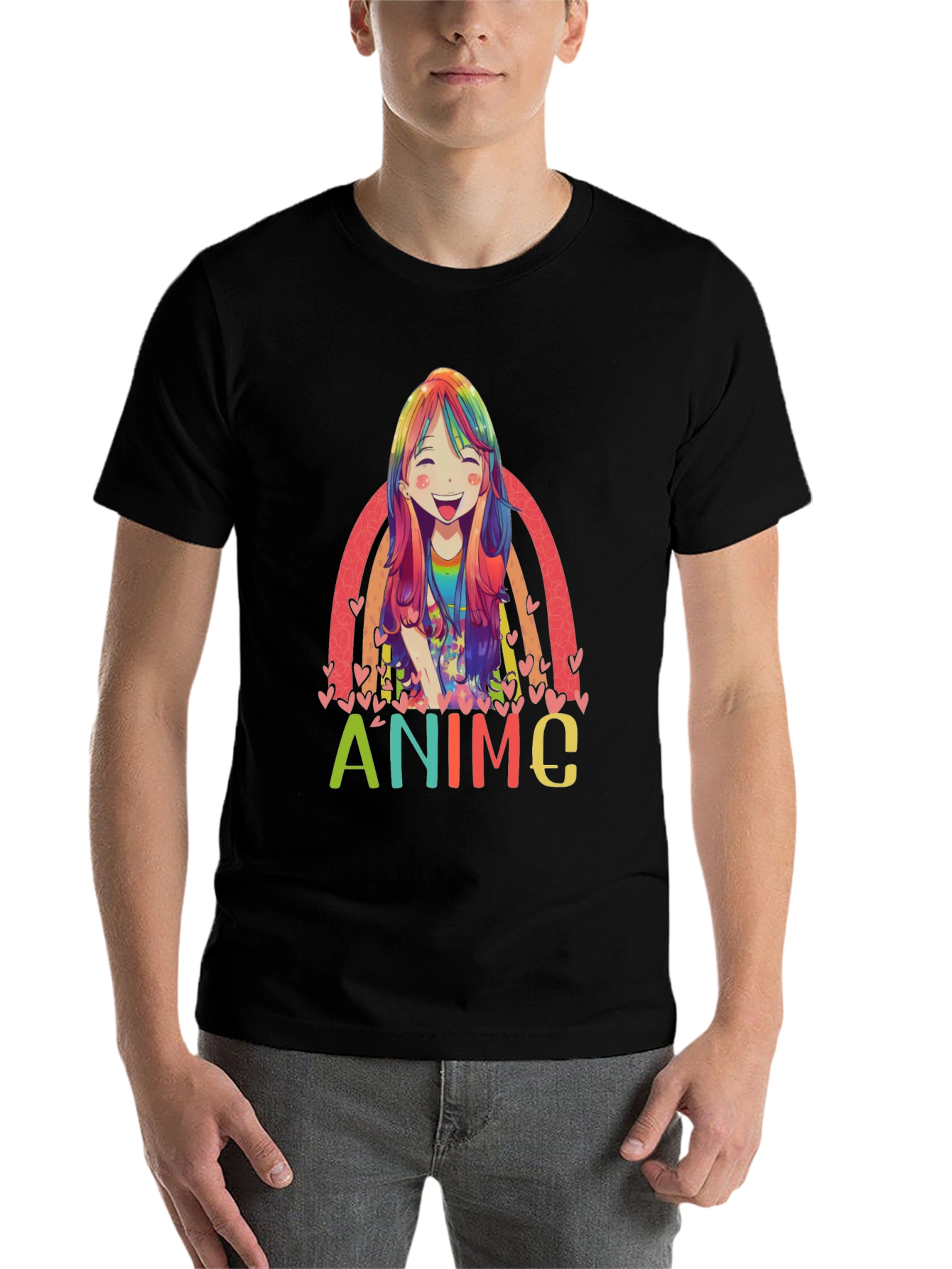 Black Anime Rainbow Graphic Tee - Colorful Manga Style view 7