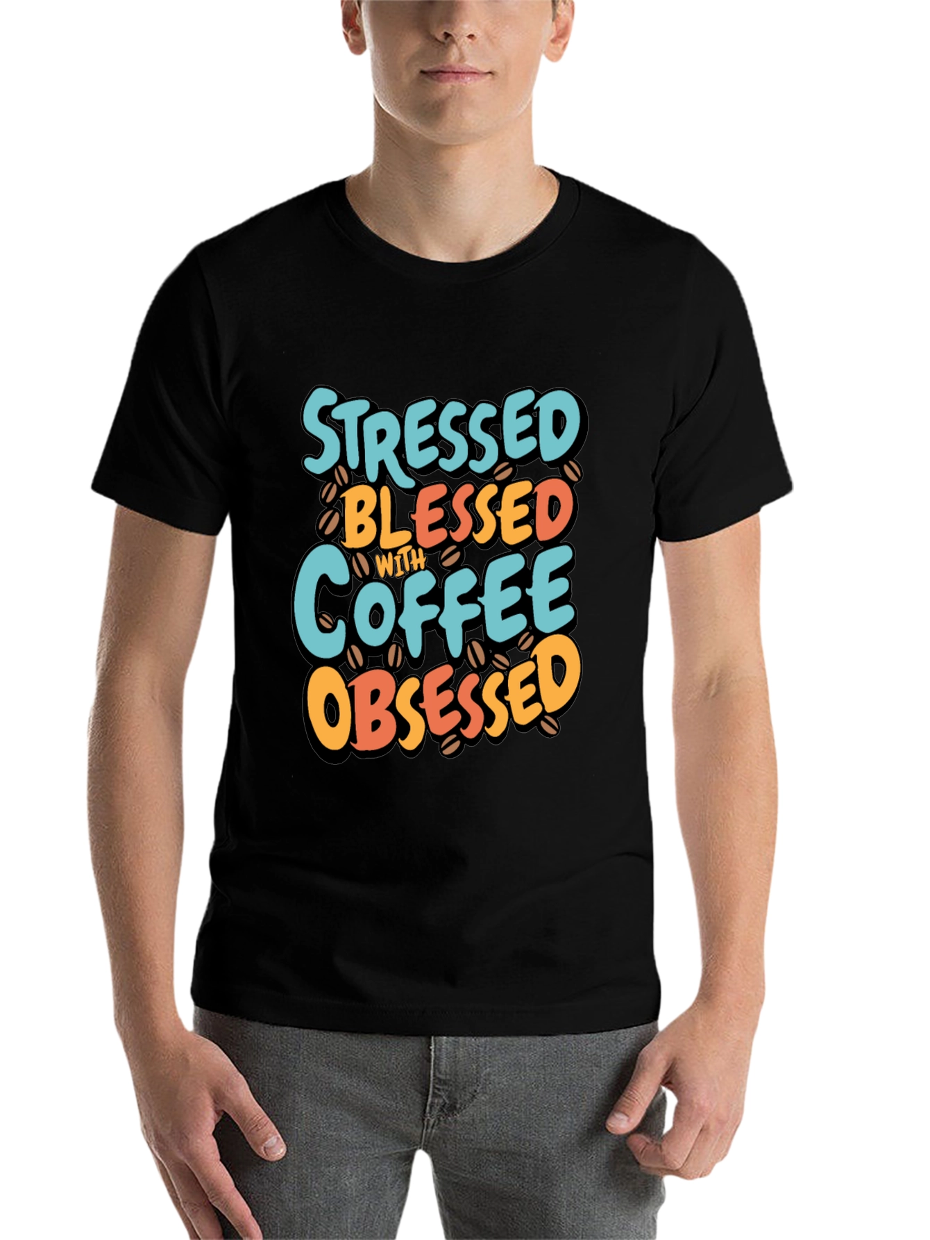Black Stressed Blessed Coffee Obsessed T-Shirt view 7