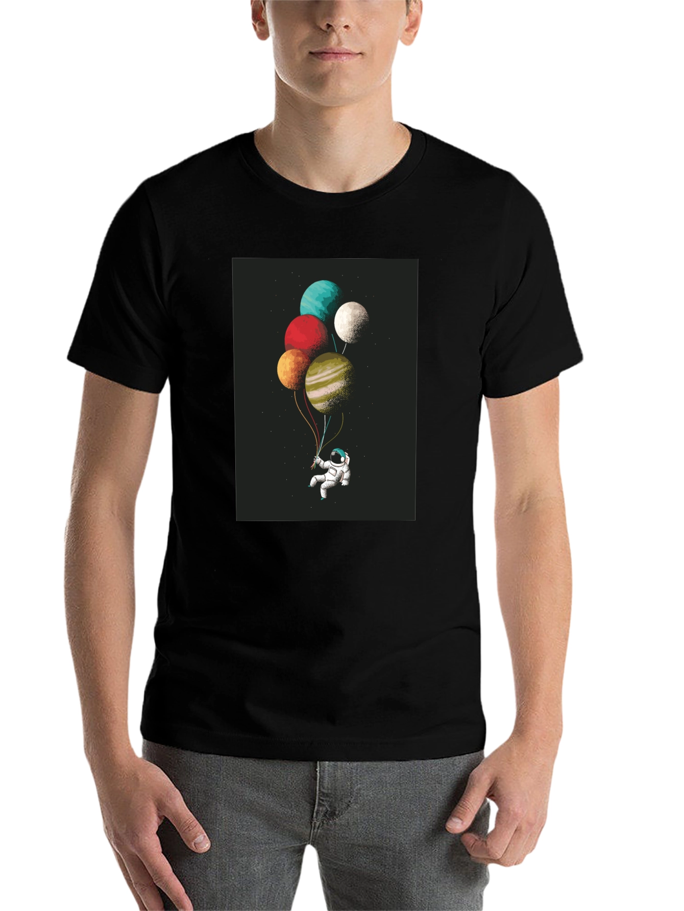 Black Astronaut Planet Balloons Graphic Tee - Black Cotton Blend view 7