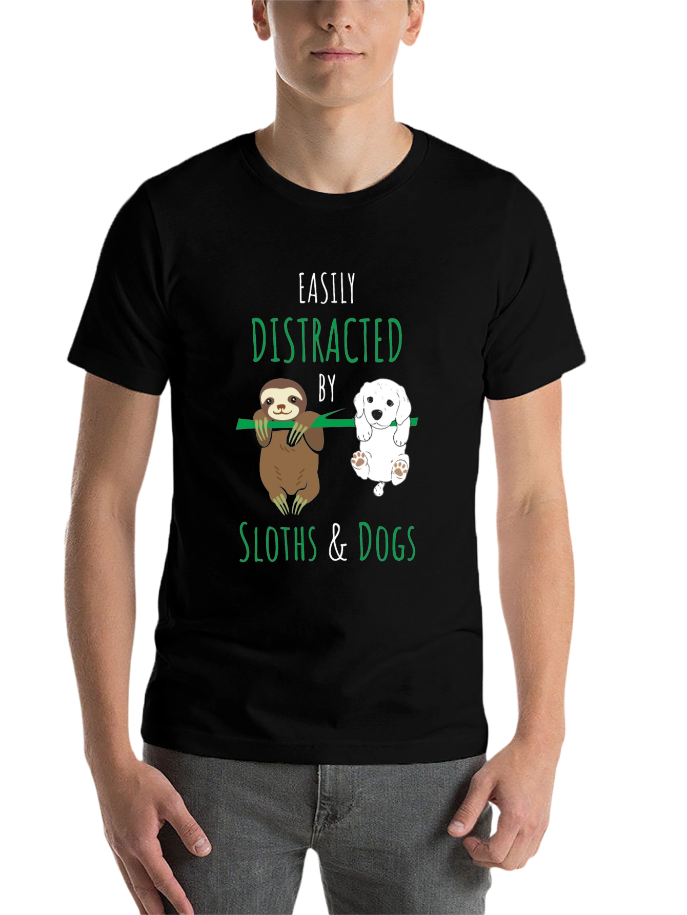 Black Easily Distracted By Sloths & Dogs T-Shirt view 7