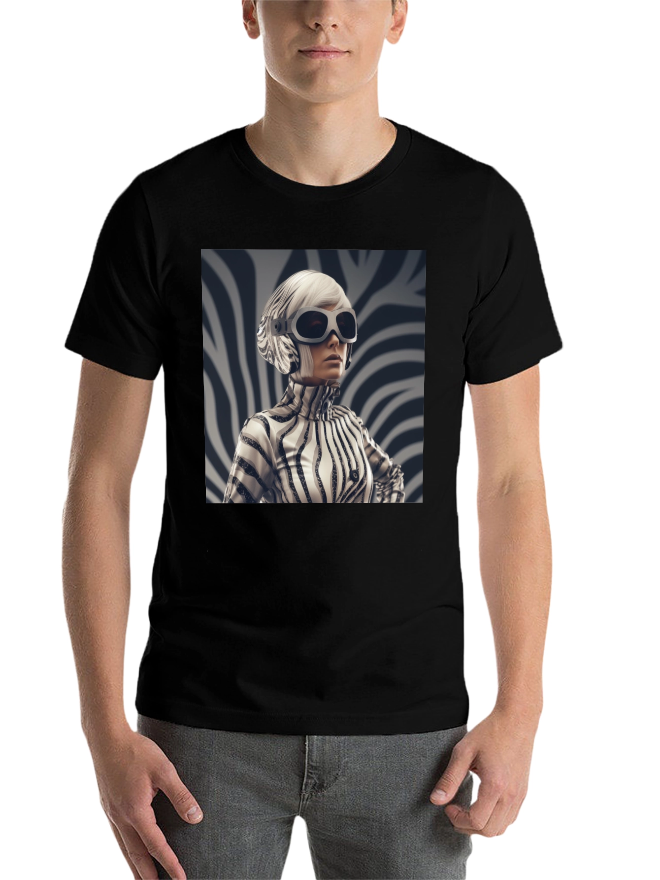 Black Stylish Black Tee with Zebra Print Design view 7