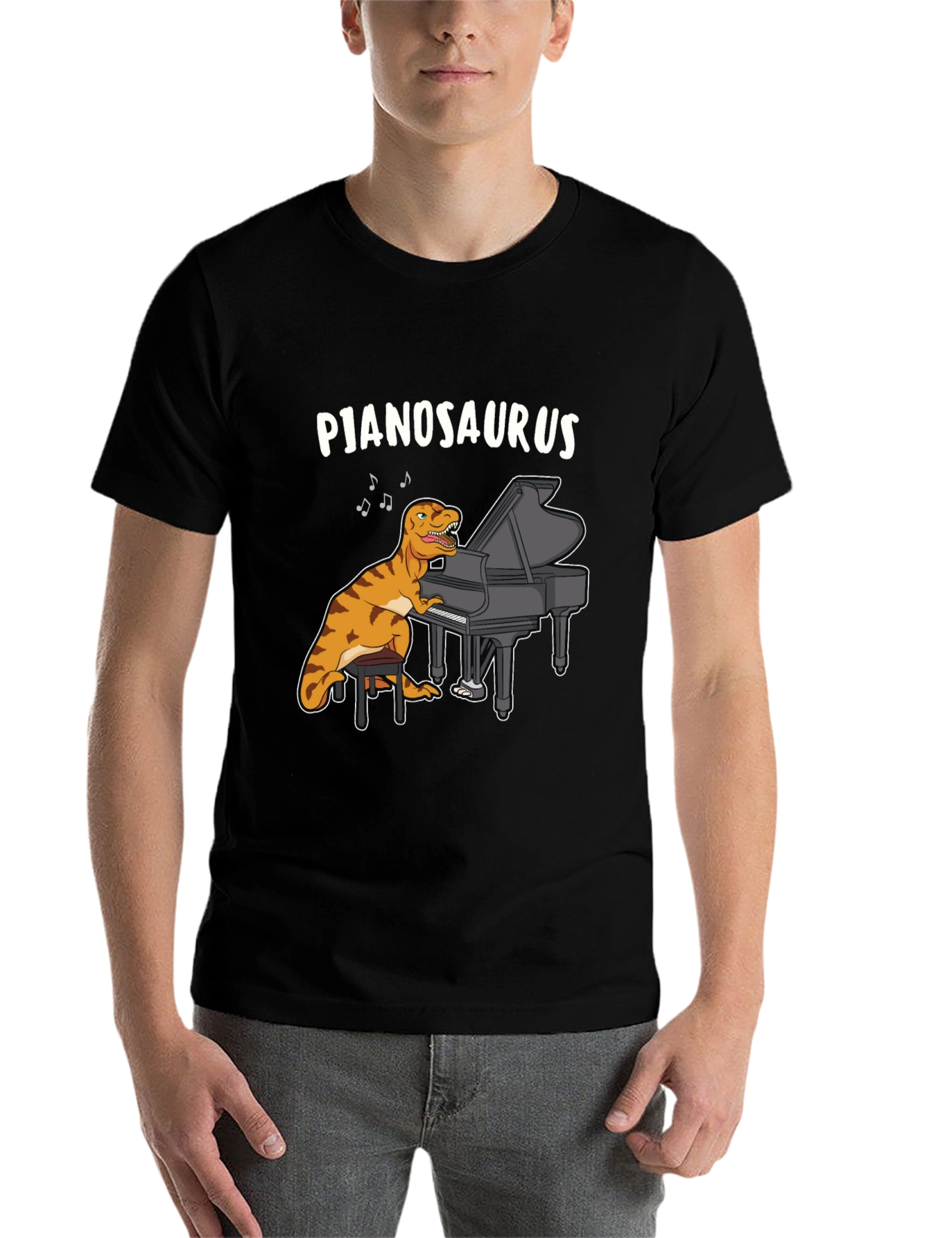 Black Pjanosaurus T-Shirt - Dinosaur Playing Piano Funny Tee view 7