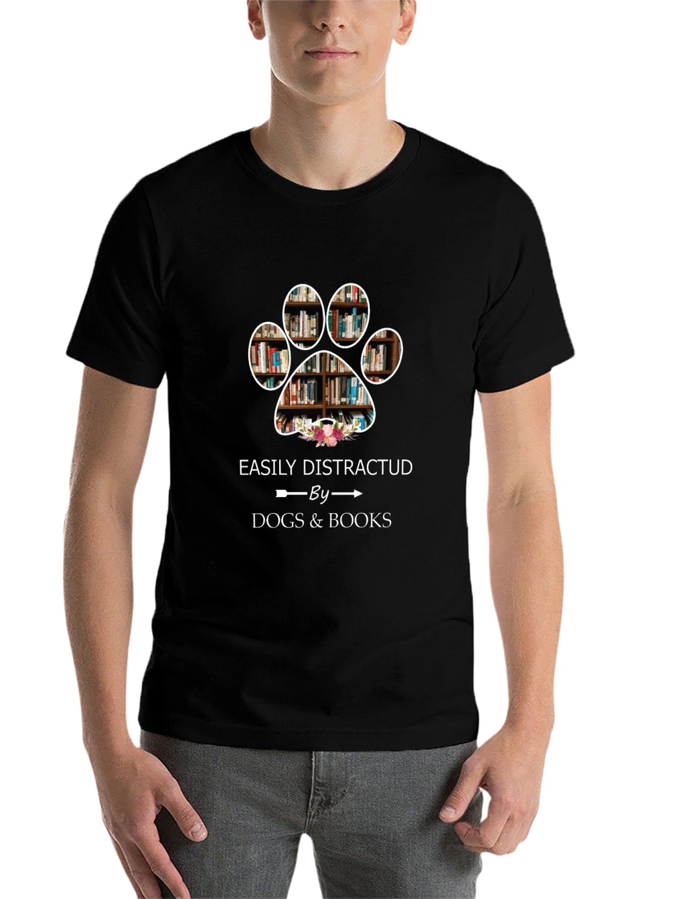 Black Easily Distracted by Dogs & Books T-Shirt view 7