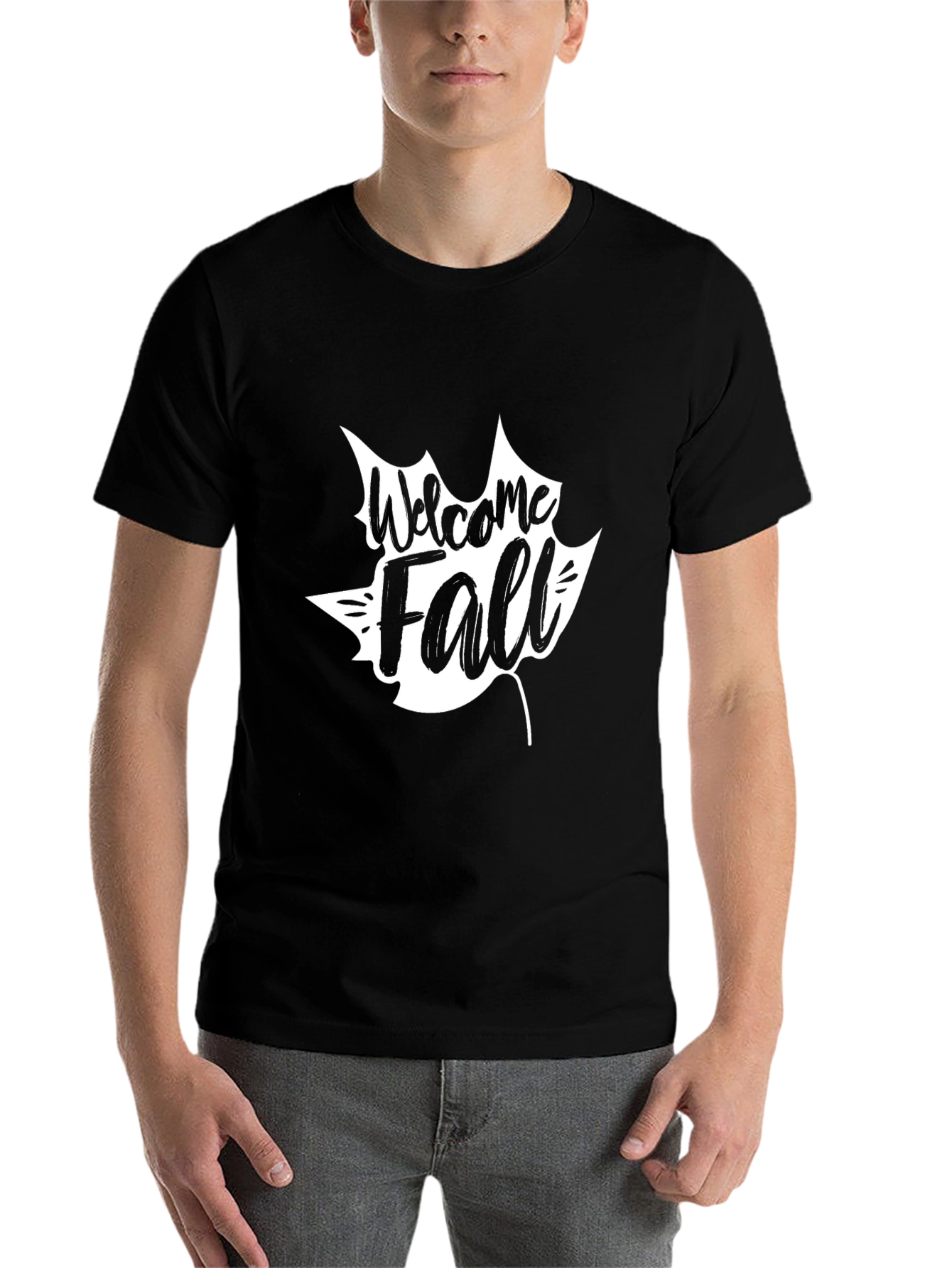 Black Welcome Fall Graphic Tee - Black Cotton Casual T-Shirt view 7