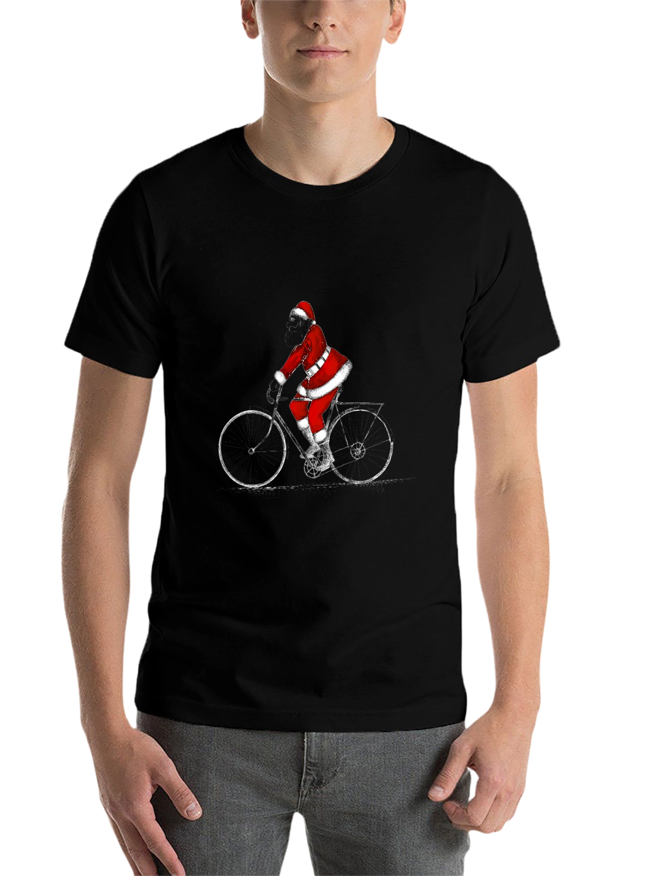 Black Santa Riding Bike Black T-Shirt view 7
