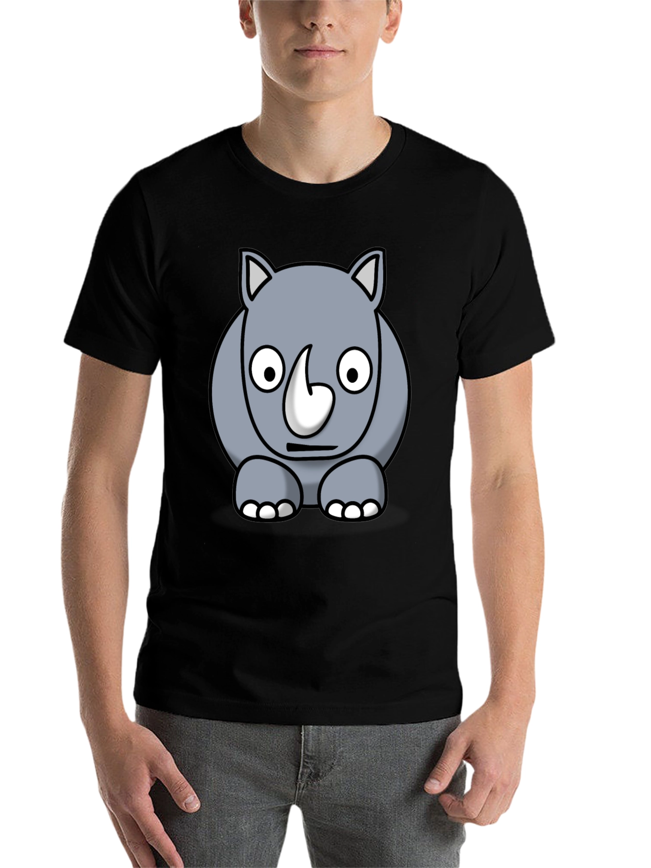 Black Cartoon Rhino Graphic Tee - Black Cotton T-Shirt view 7