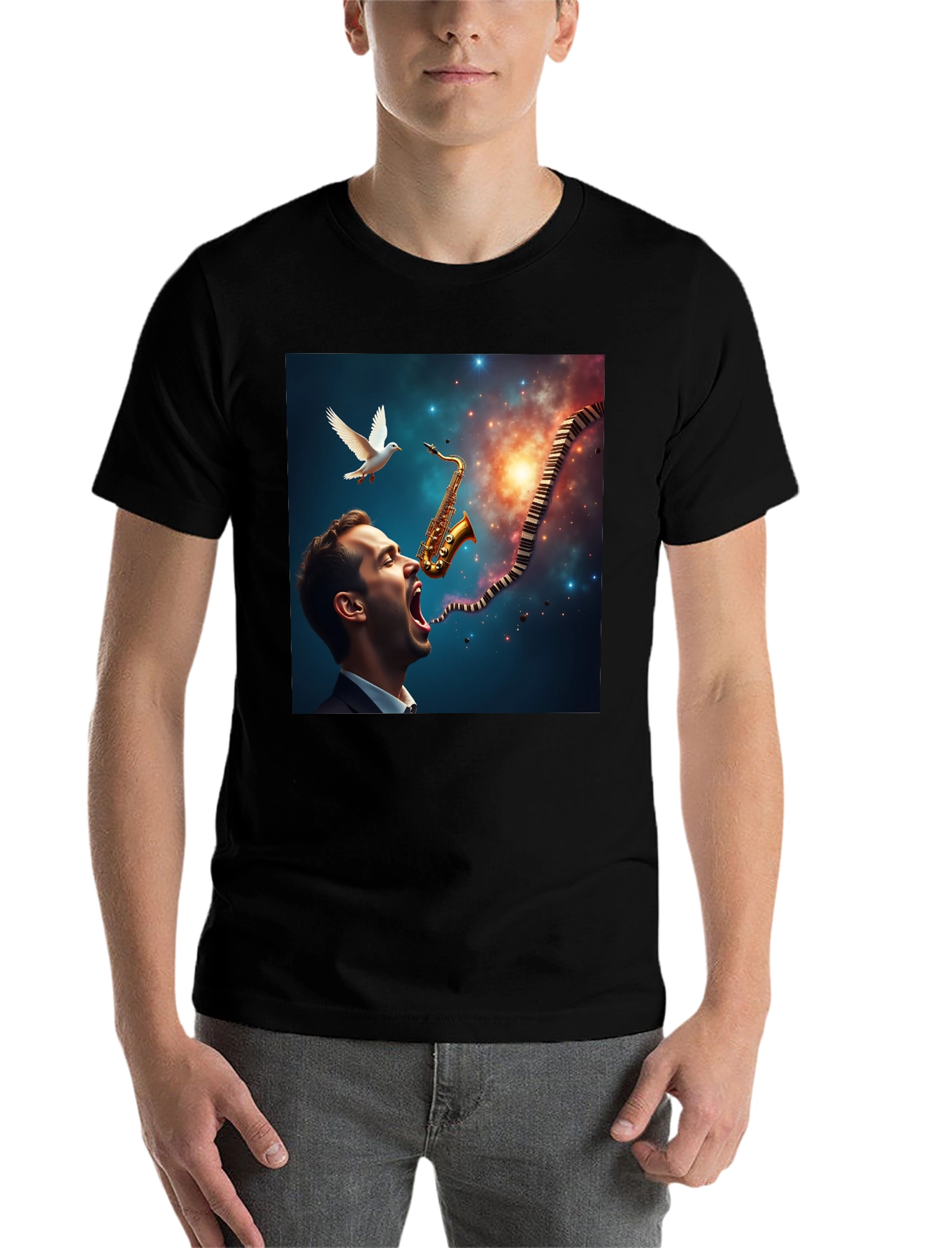 Black Jazz Harmony T-Shirt: Saxophone & Piano Keys Design view 7