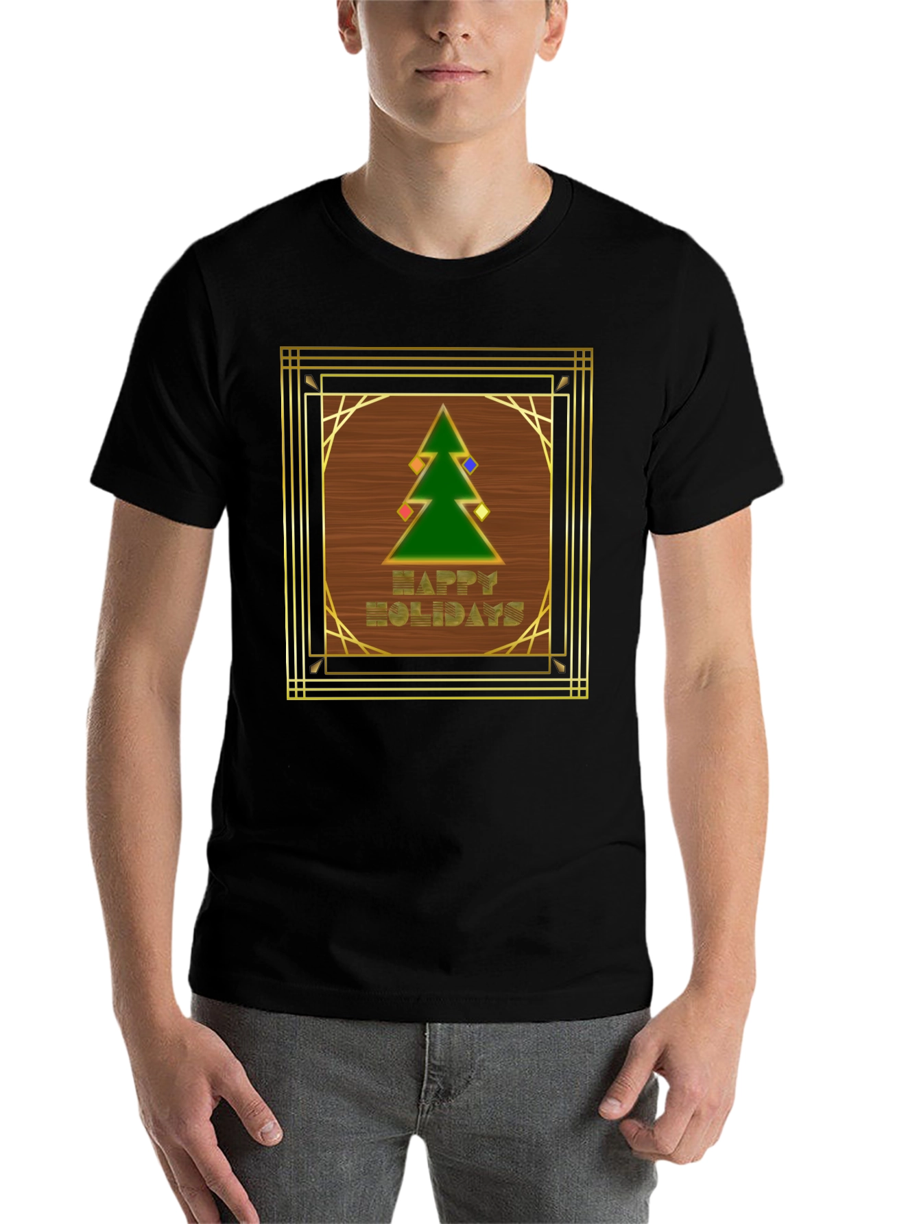 Black Art Deco Holiday T-Shirt - Happy Holidays Tree Design view 7