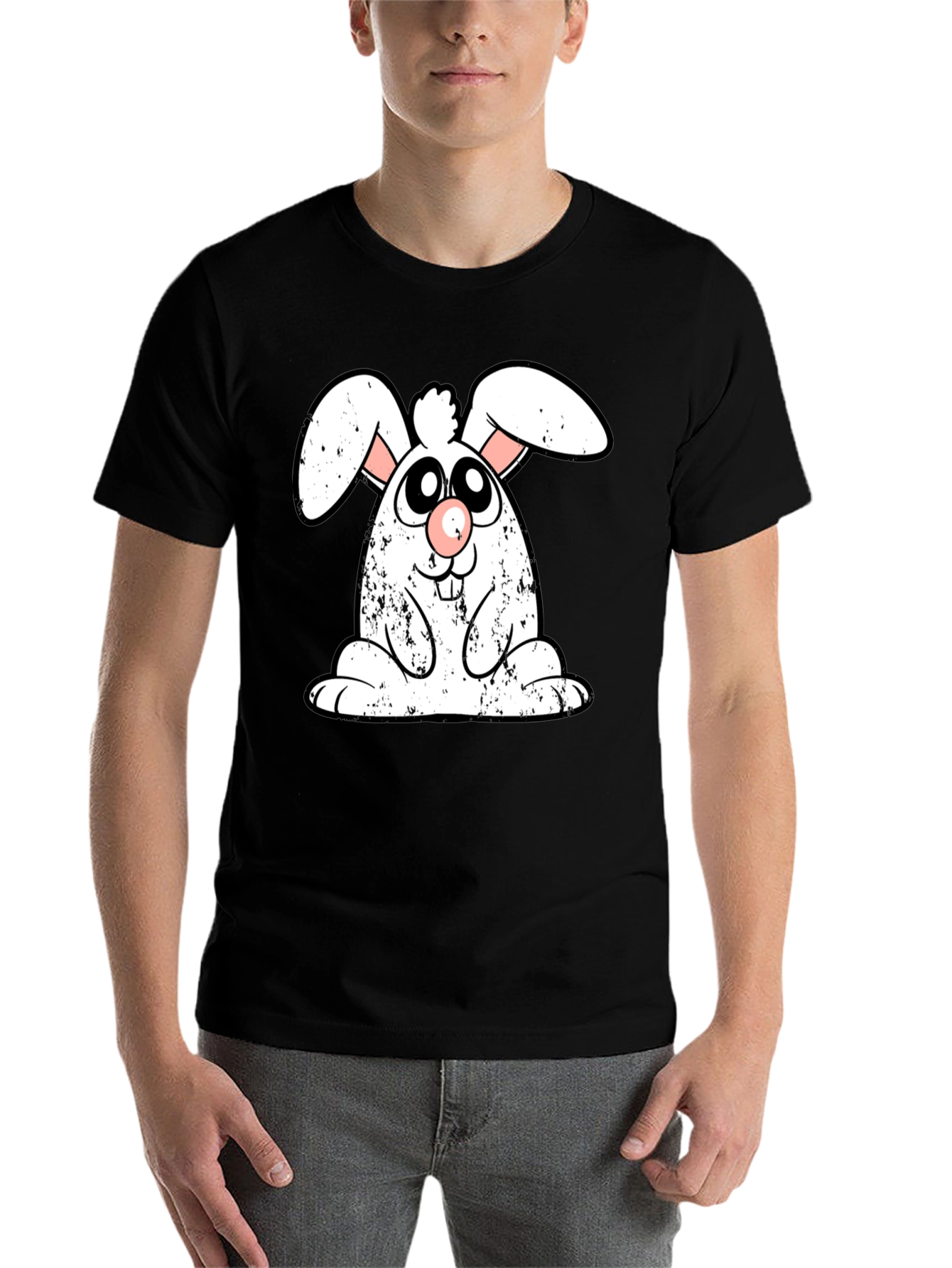 Black Cute Cartoon Bunny Graphic Print Black T-Shirt view 7
