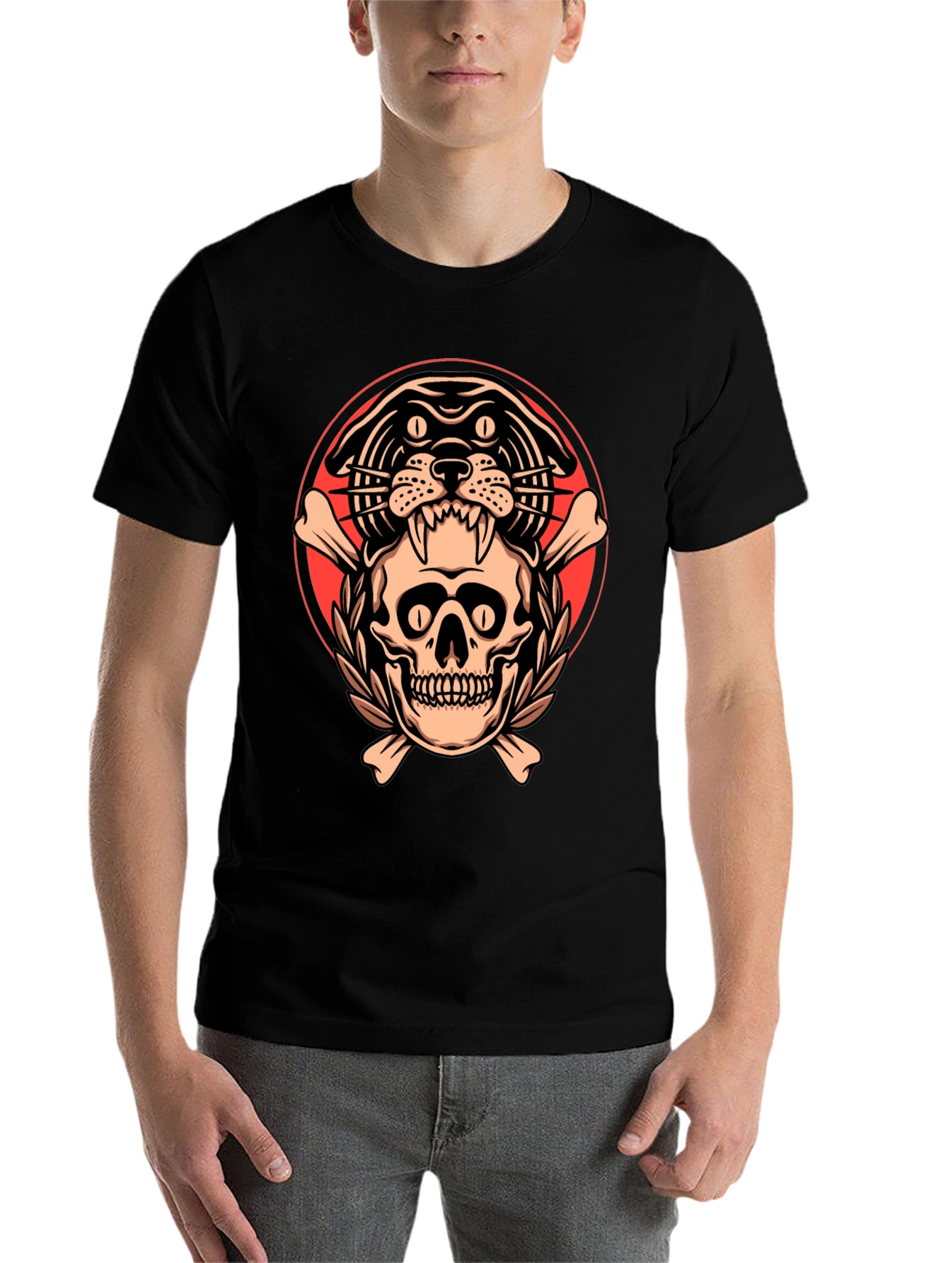 Black Skull & Panther Graphic Tee - Men's Black T-Shirt view 7