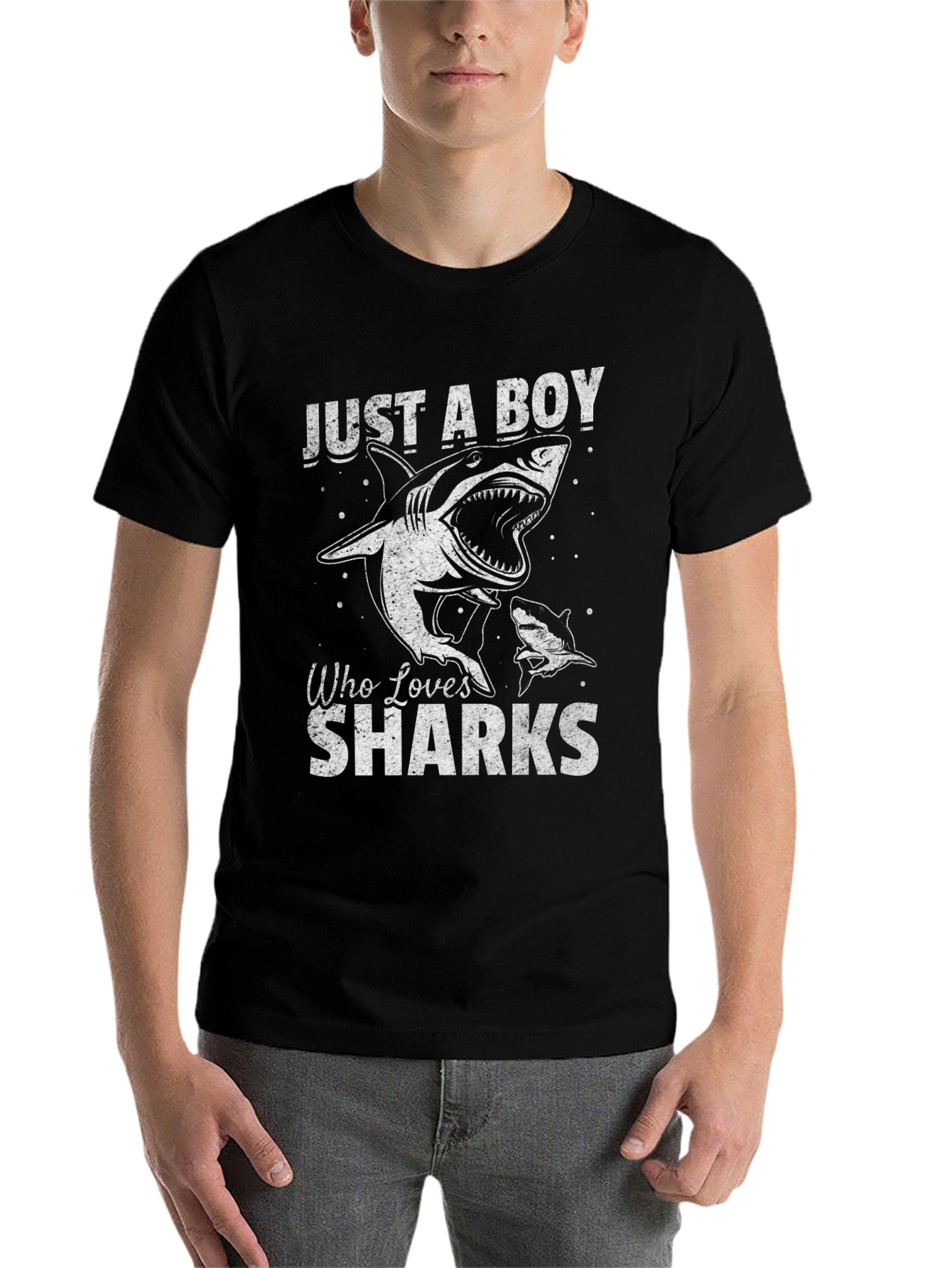 Black Just A Boy Who Loves Sharks T-Shirt view 7