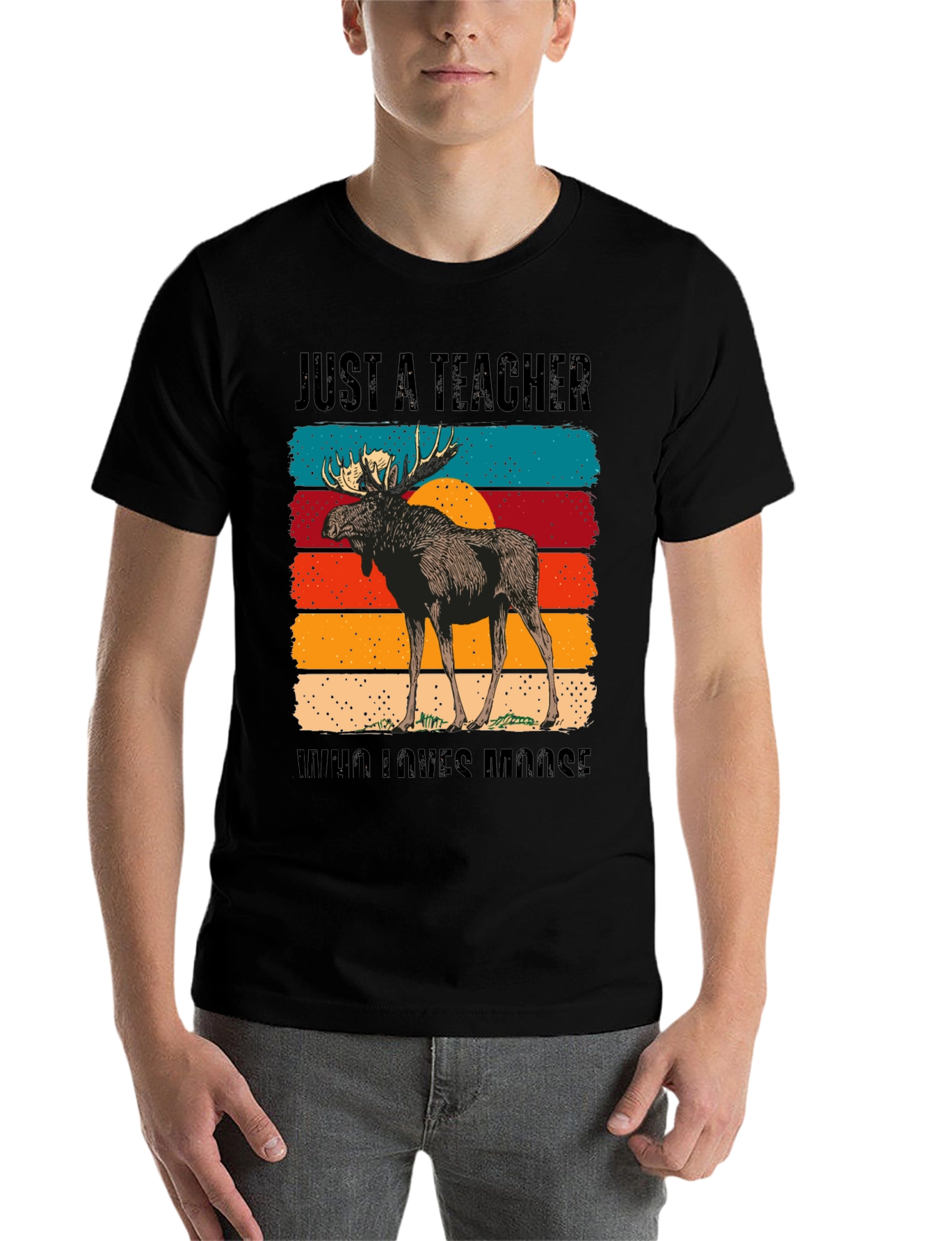 Black Just A Teacher Who Loves Moose T-Shirt view 7