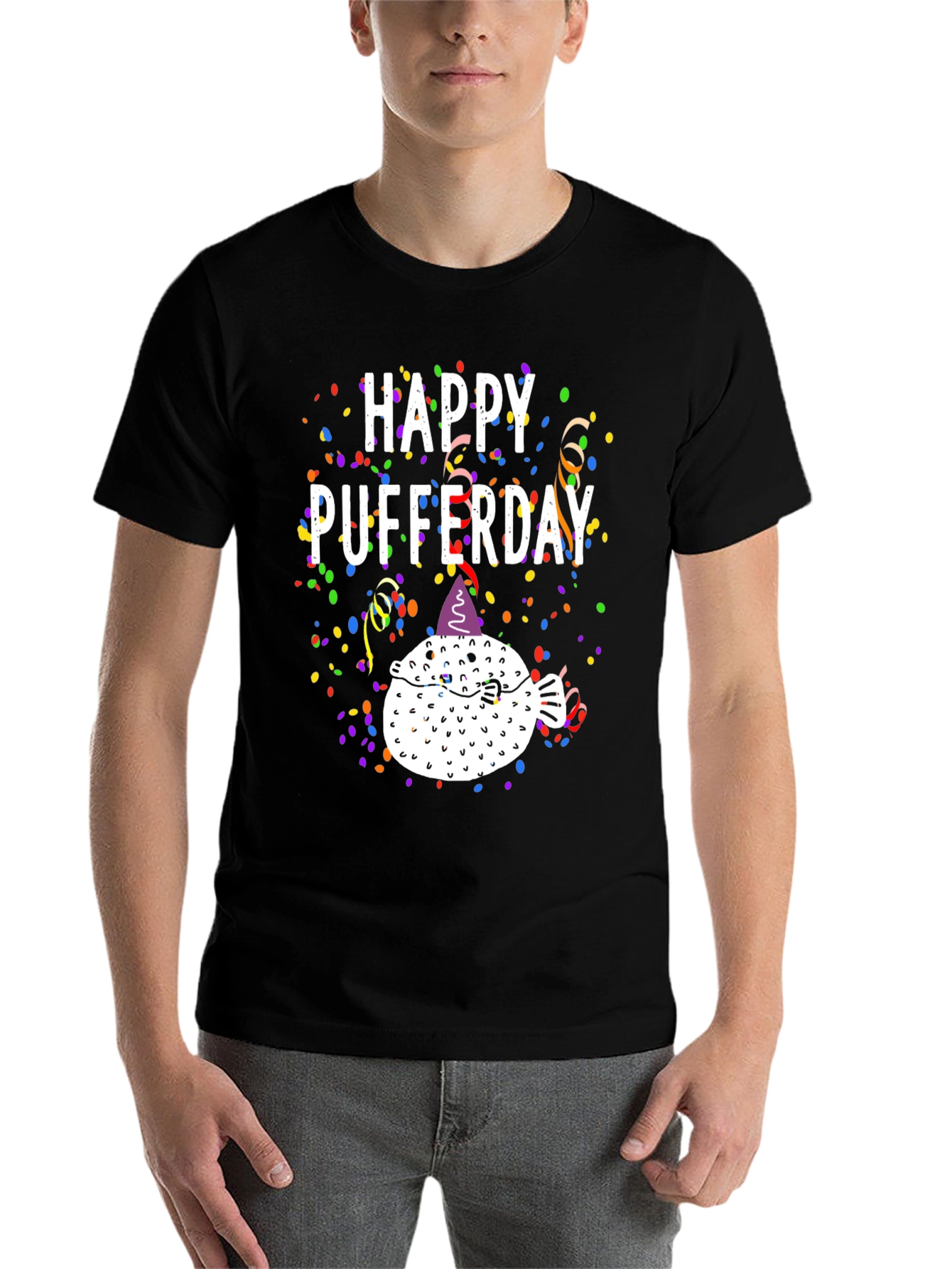 Black Happy Pufferday T-Shirt - Funny Pufferfish Birthday Tee view 7