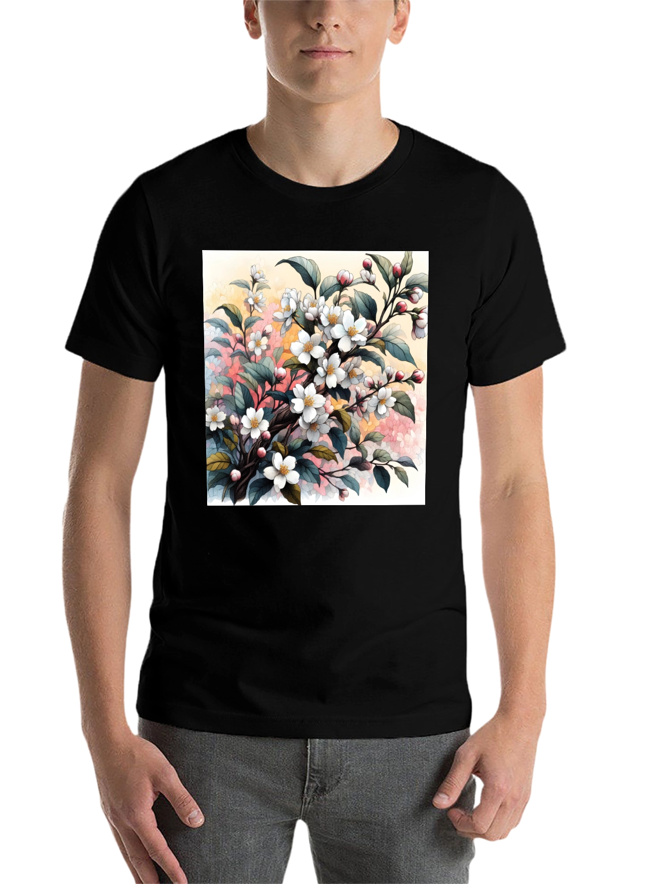 Black Floral Blossom T-Shirt - Artistic Botanical Design view 7