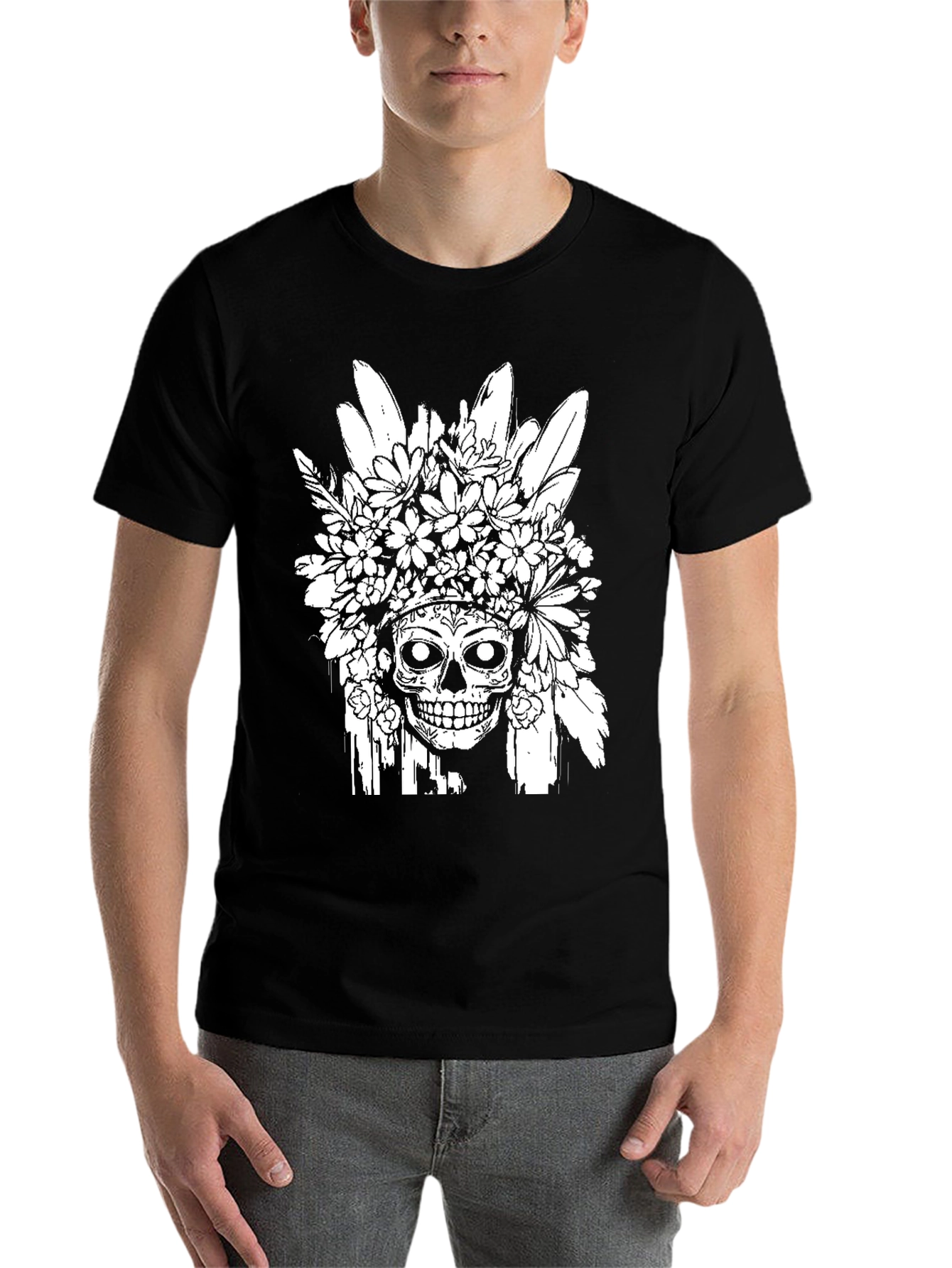 Black Floral Skull Graphic T-Shirt - Black view 7