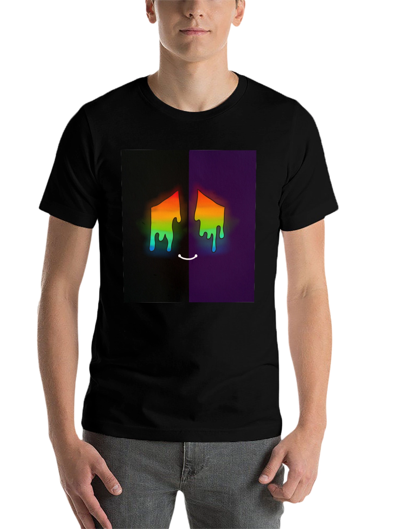 Black Rainbow Drip Face Graphic Tee - Unisex Black T-Shirt view 7