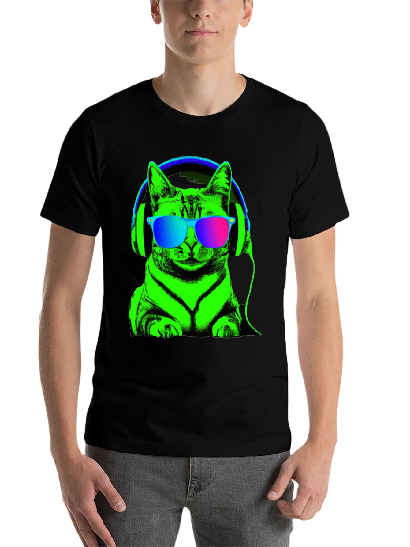 Black Cool Cat Tee: Neon Cat with Headphones T-Shirt view 7