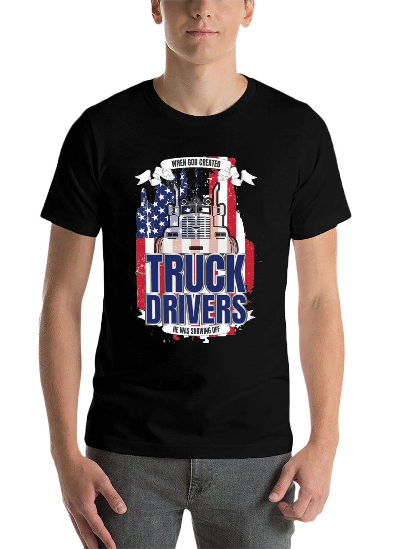 Black Trucker Pride T-Shirt - God Created Truck Drivers view 7