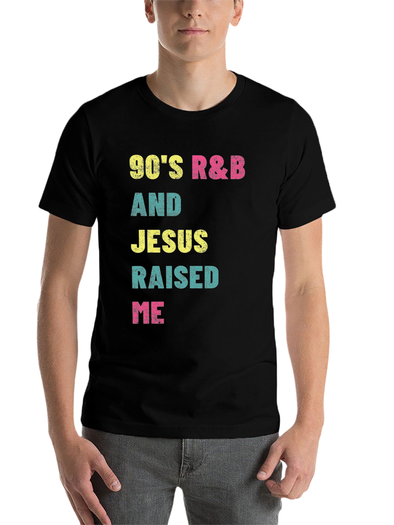 Black 90's R&B and Jesus Raised Me Graphic T-Shirt view 7