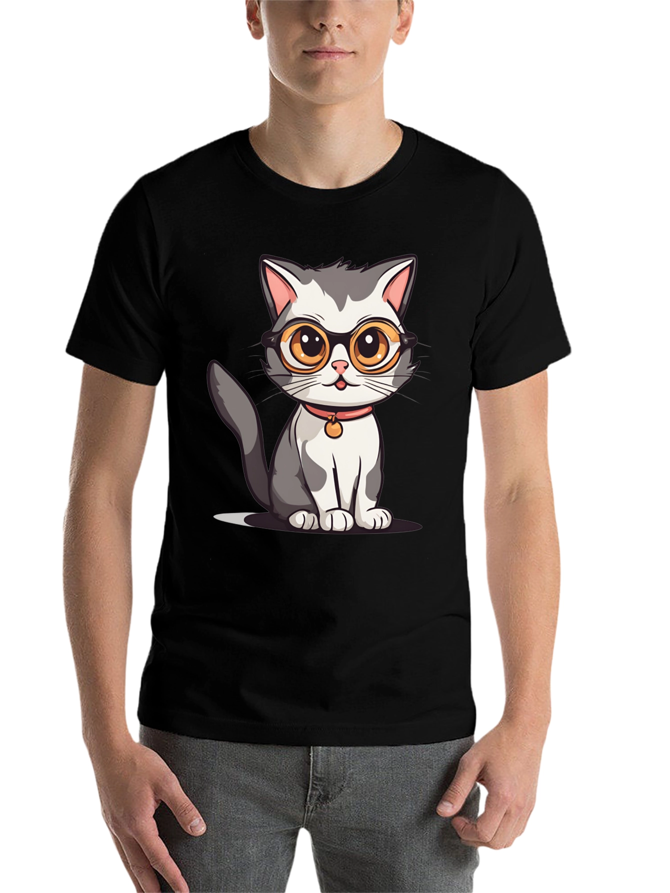 Black Cat with Glasses Graphic T-Shirt view 7