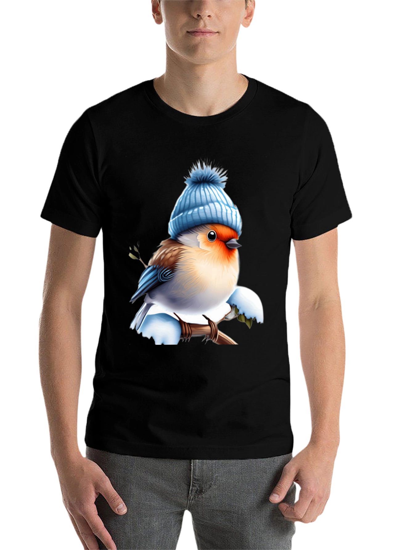 Winter Bird T-Shirt - Cute Blue Hat Design - 7