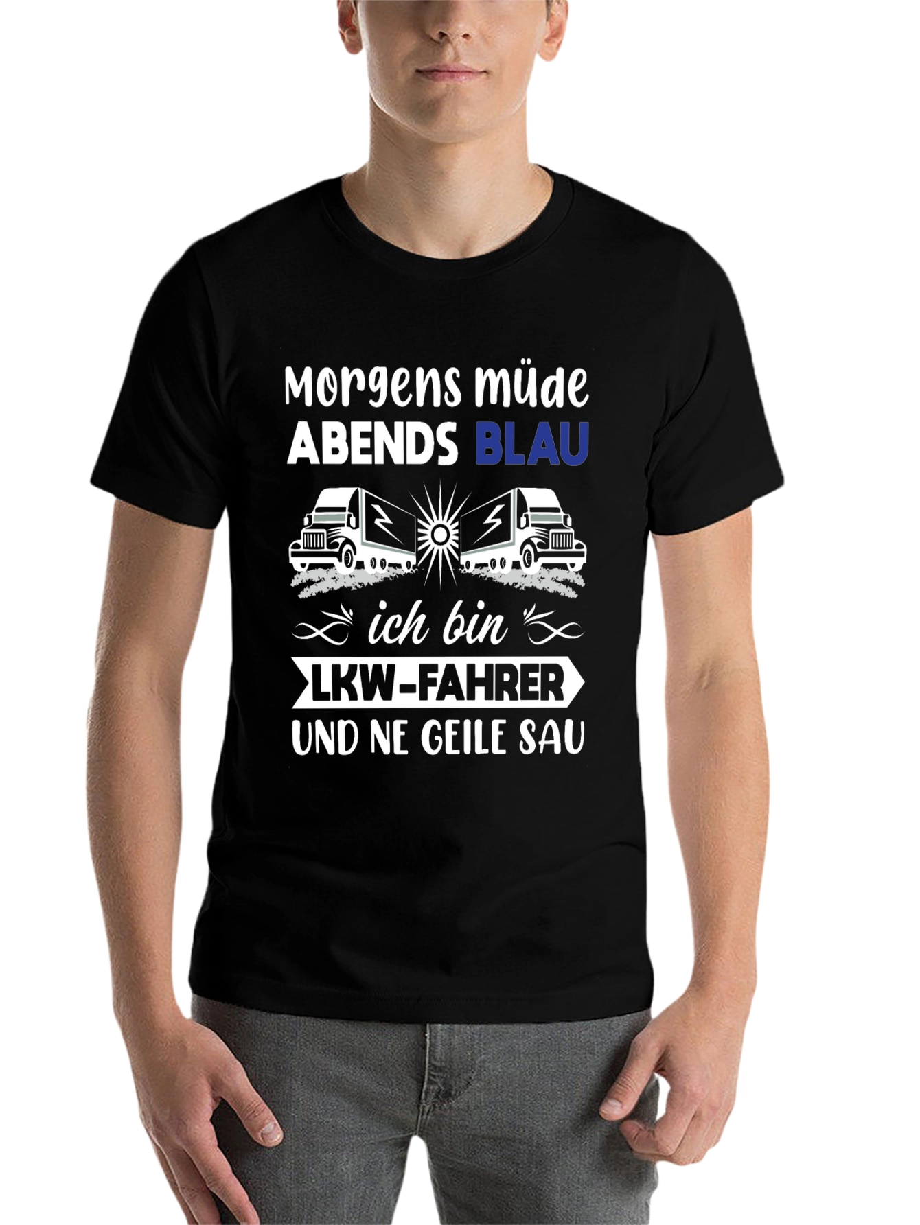 Black Trucker T-Shirt: Morgens Müde Abends Blau view 7