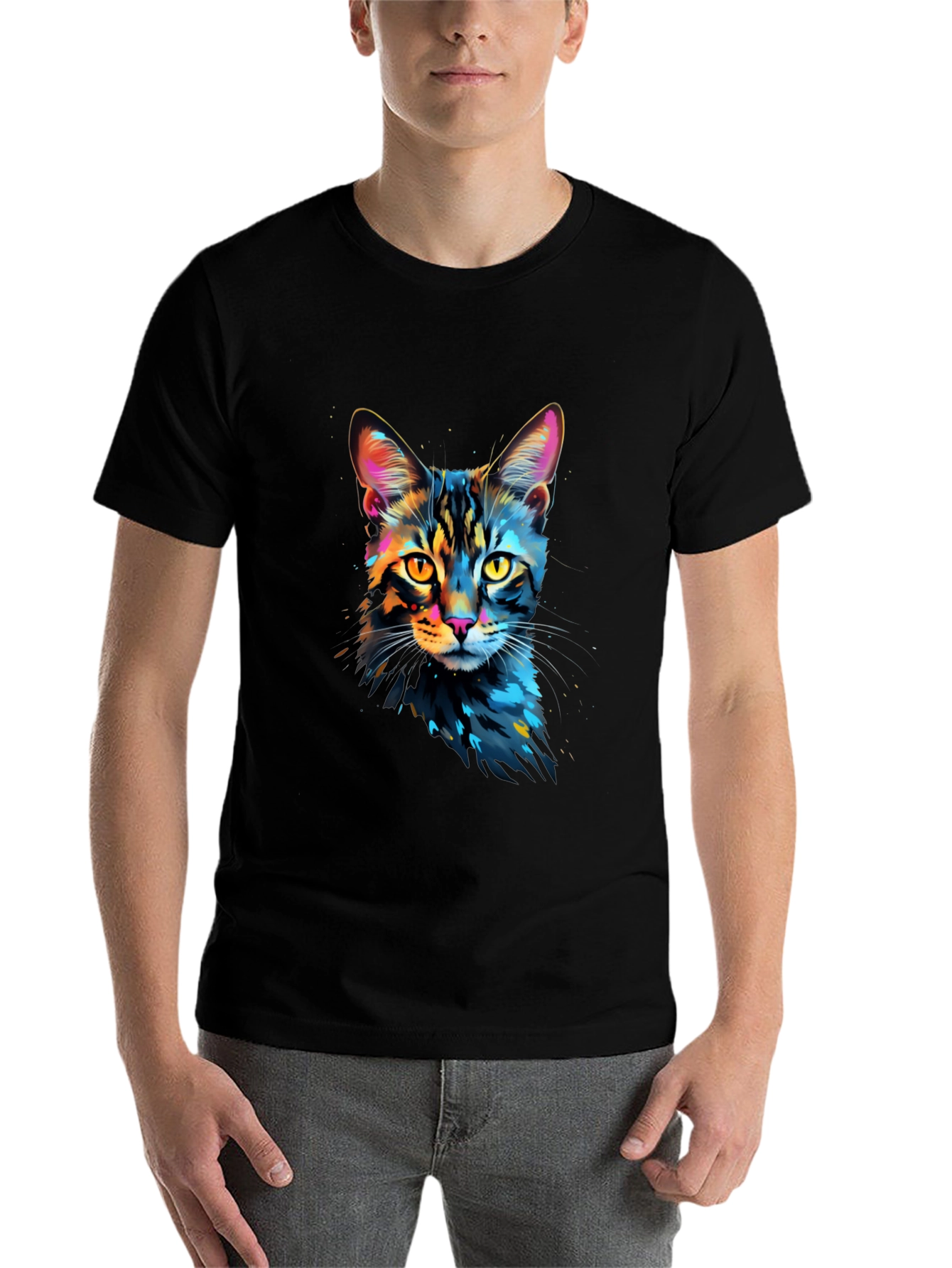 Black Colorful Cat Graphic Black T-Shirt view 7