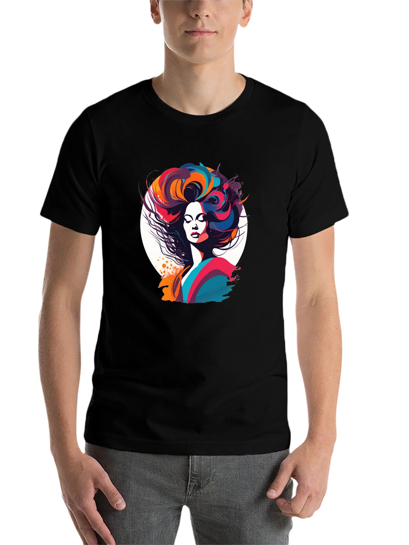 Black Retro Woman Graphic Tee - Colorful Art Shirt view 7